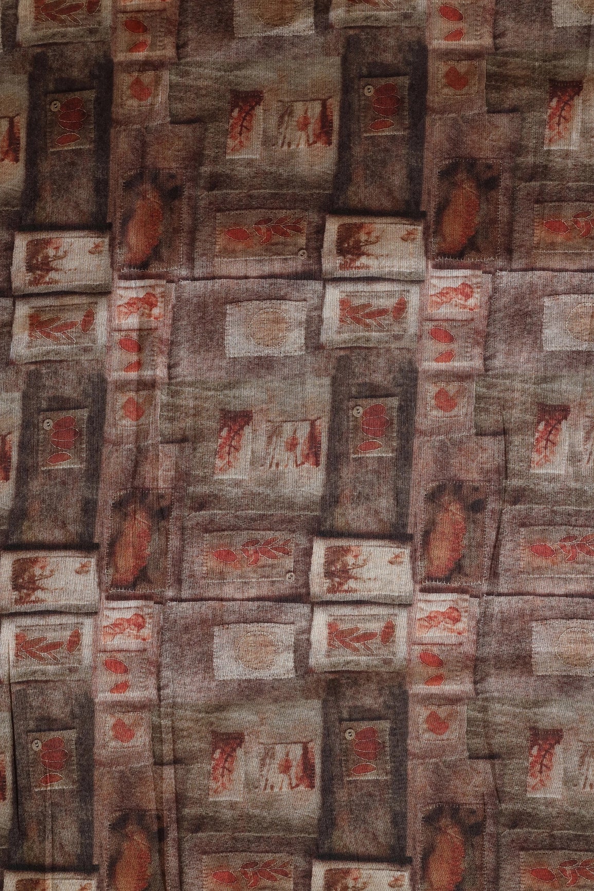 Brown And Cream Geometric Pattern Digital Print On Mulberry Silk Fabric - doeraa