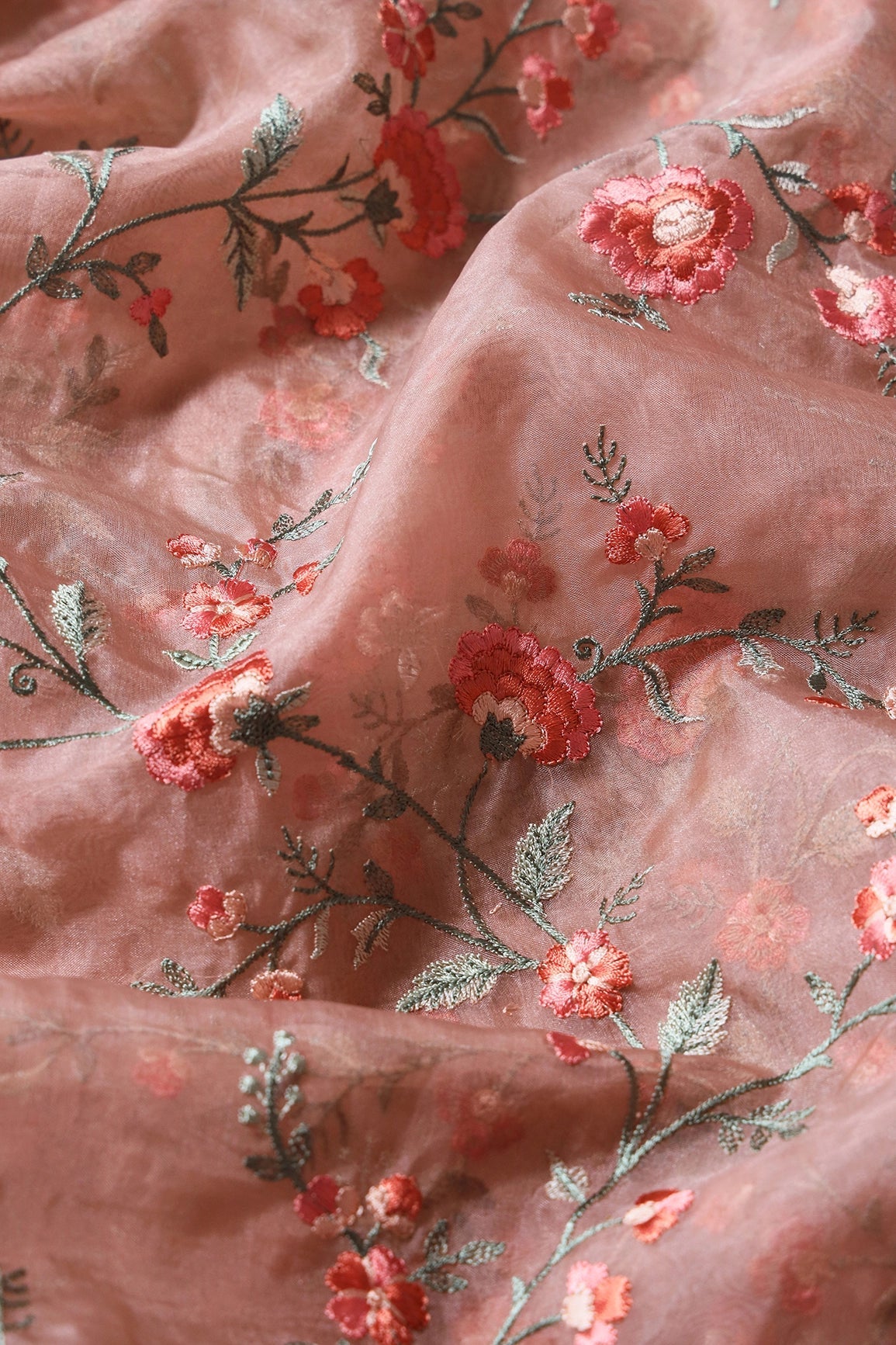 Brown And Light Green Thread Floral Embroidery Work On Almond Brown Organza Fabric - doeraa