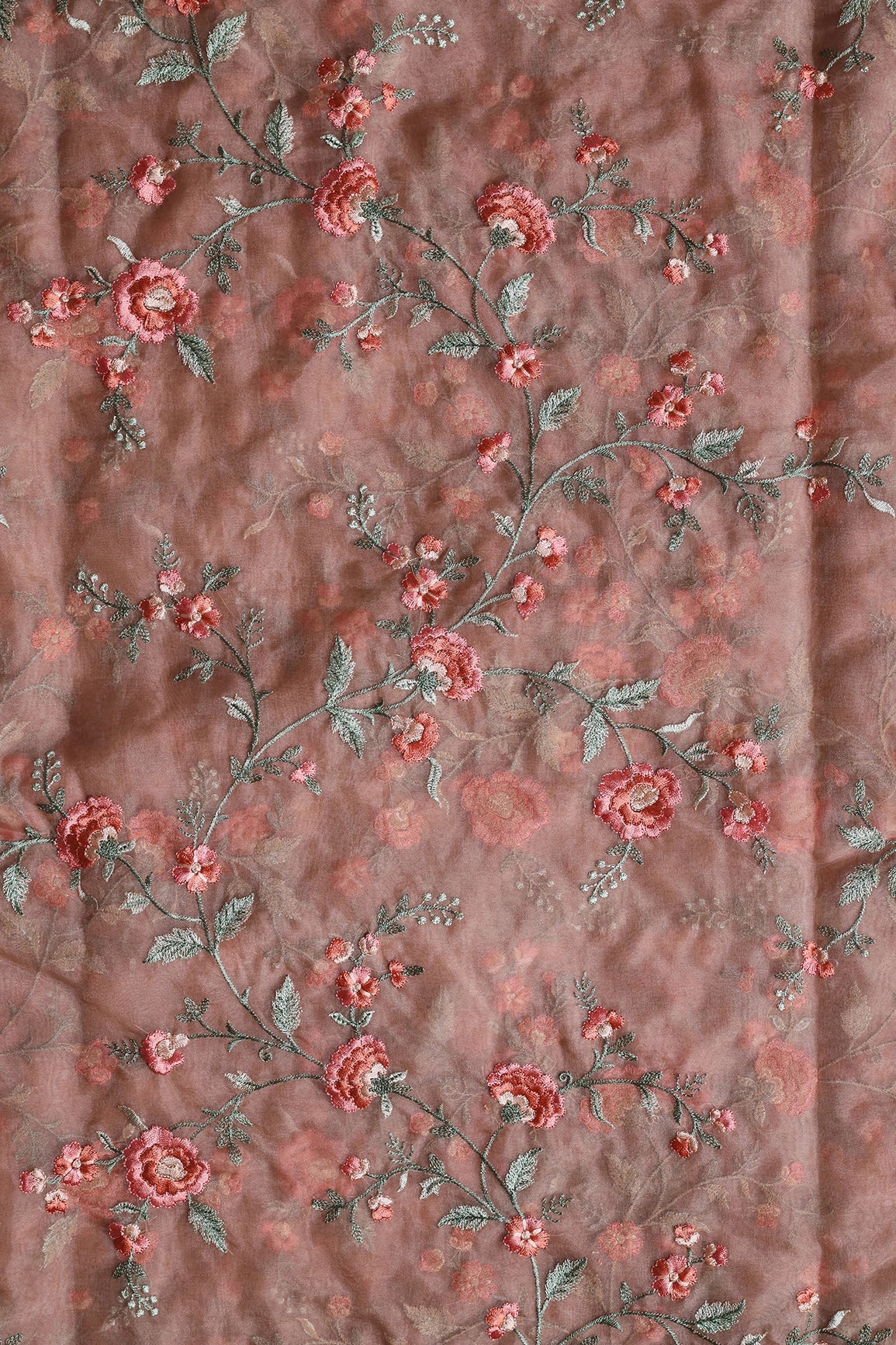 Brown And Light Green Thread Floral Embroidery Work On Almond Brown Organza Fabric - doeraa