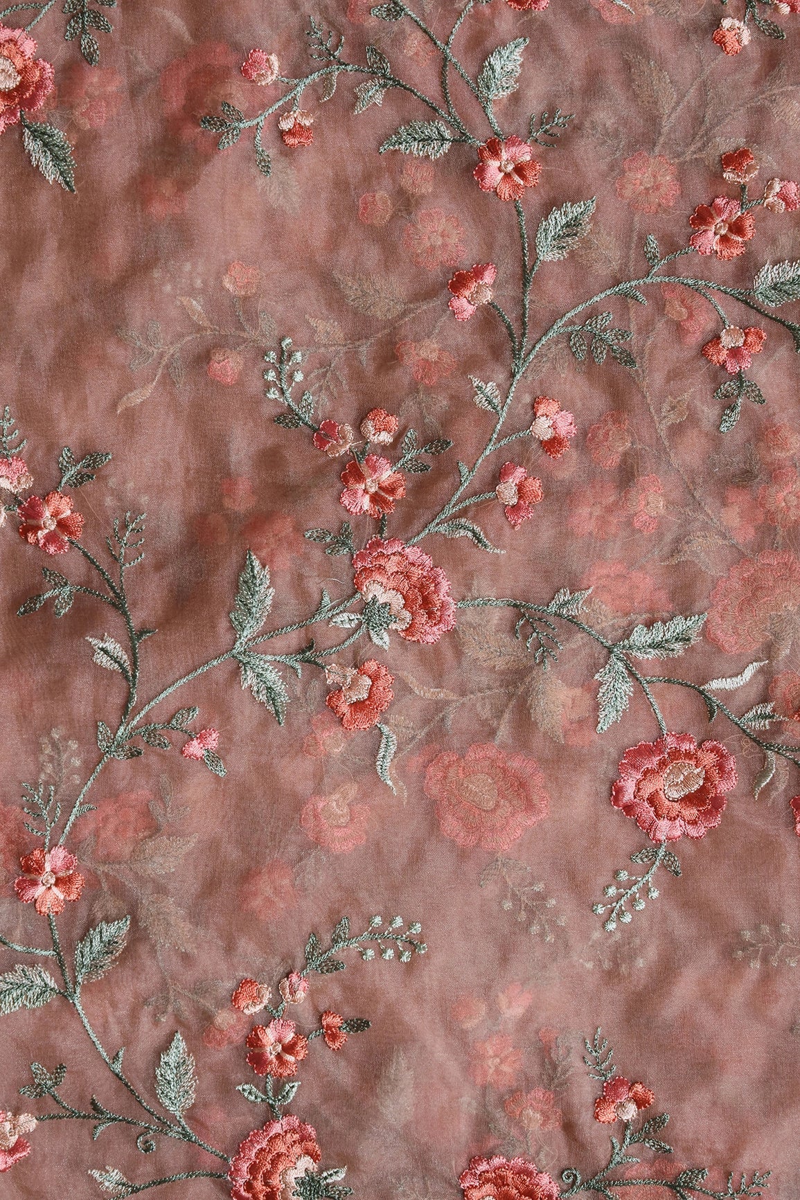 Brown And Light Green Thread Floral Embroidery Work On Almond Brown Organza Fabric - doeraa