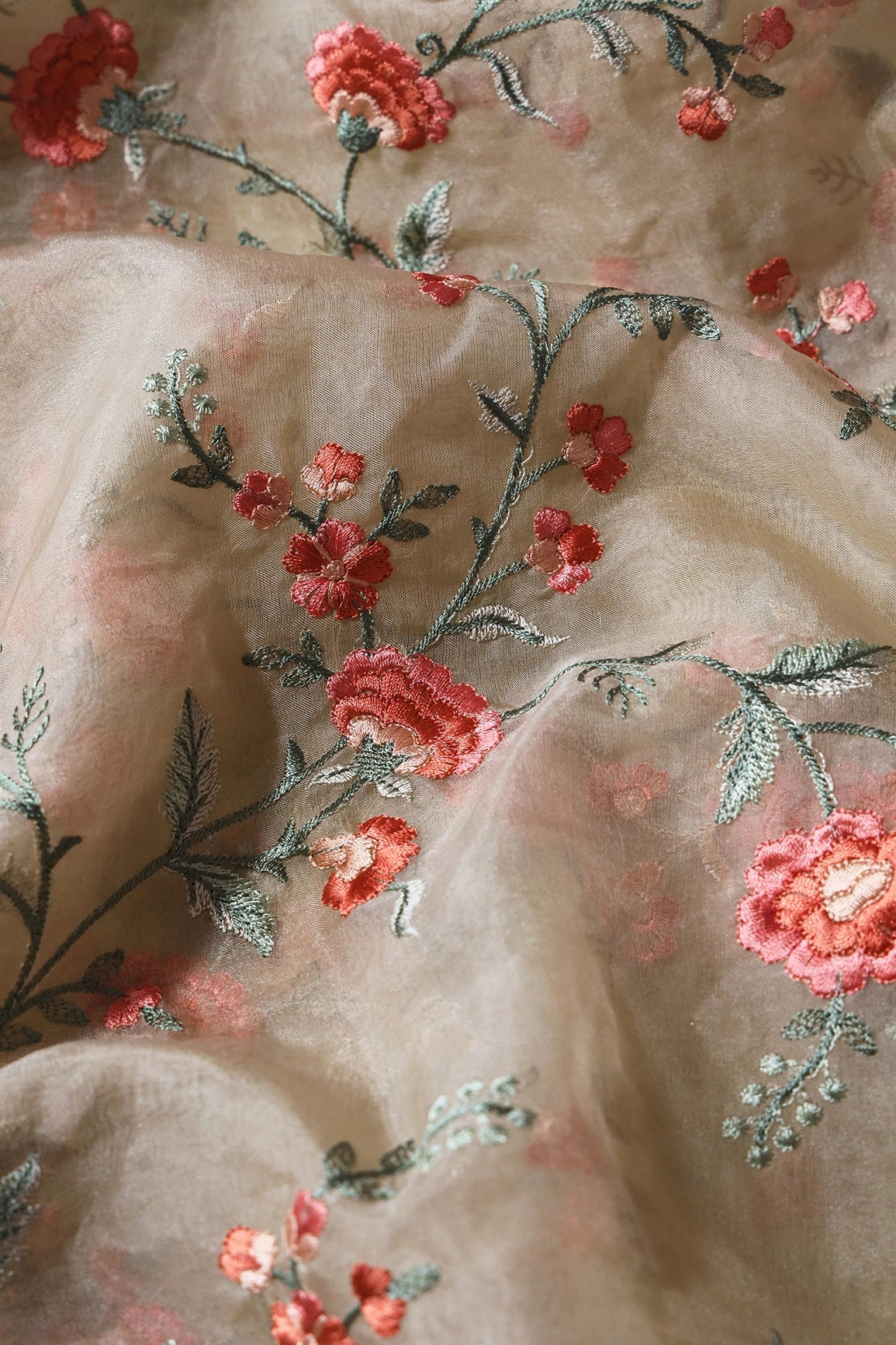 Brown And Light Green Thread Floral Embroidery Work On Light Beige Organza Fabric - doeraa