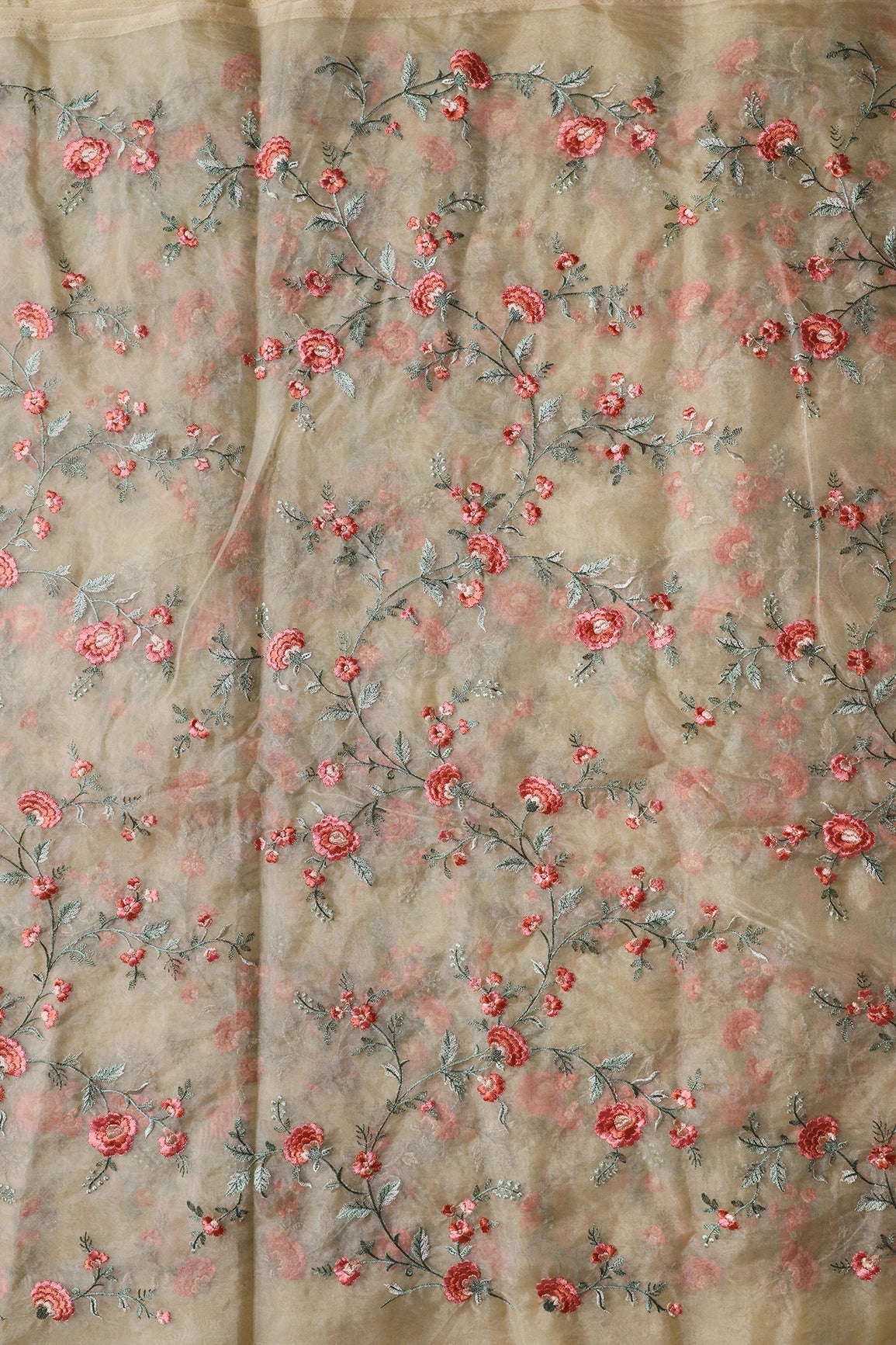 Brown And Light Green Thread Floral Embroidery Work On Light Beige Organza Fabric - doeraa