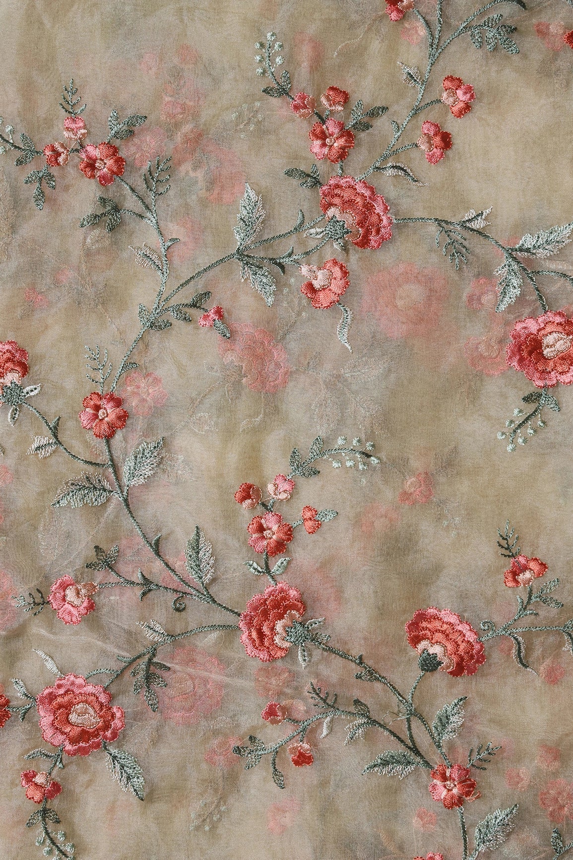Brown And Light Green Thread Floral Embroidery Work On Light Beige Organza Fabric - doeraa