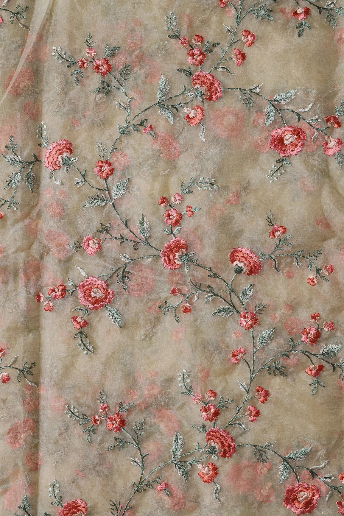 Brown And Light Green Thread Floral Embroidery Work On Light Beige Organza Fabric - doeraa