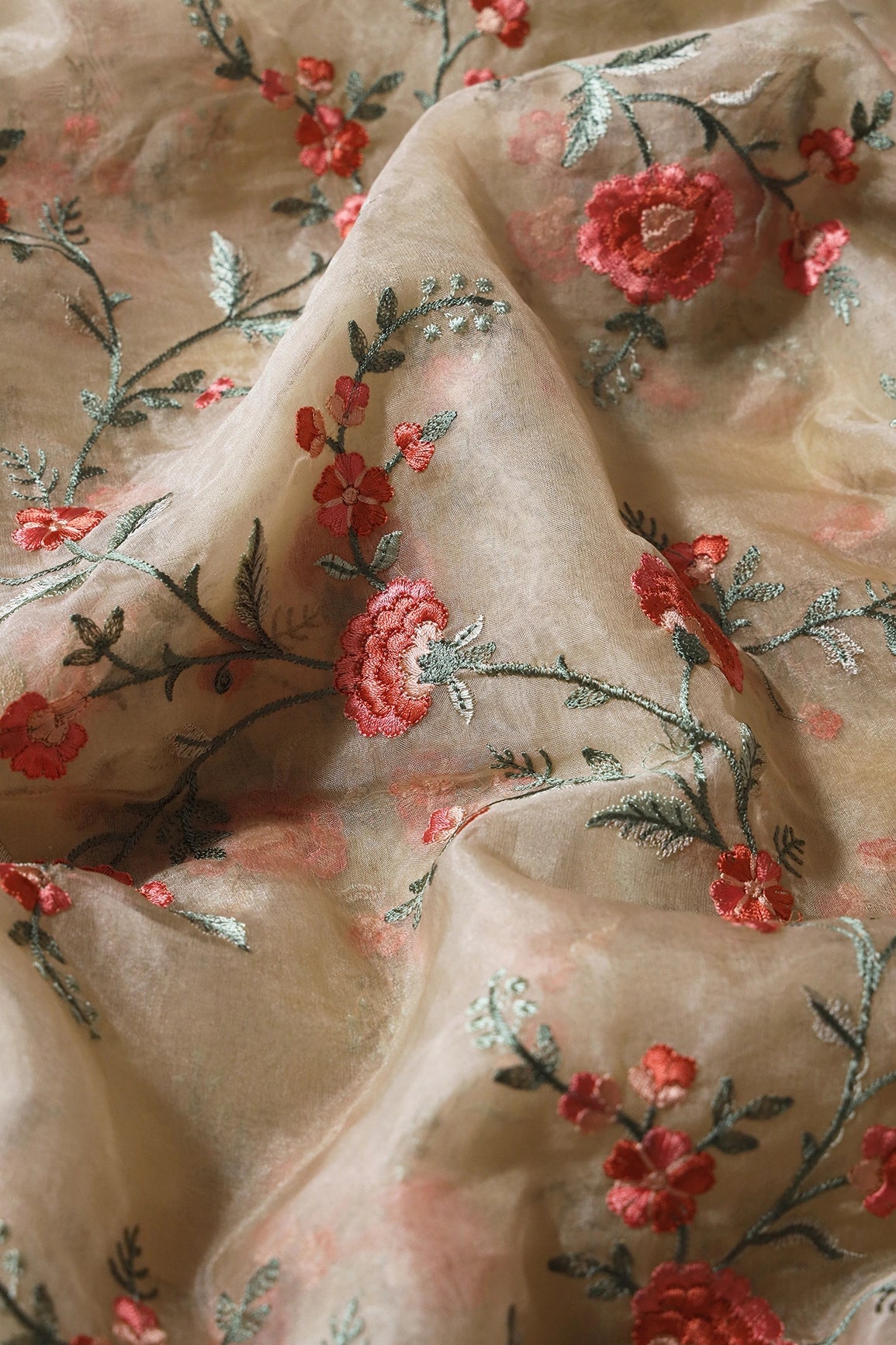 Brown And Light Green Thread Floral Embroidery Work On Light Beige Organza Fabric - doeraa