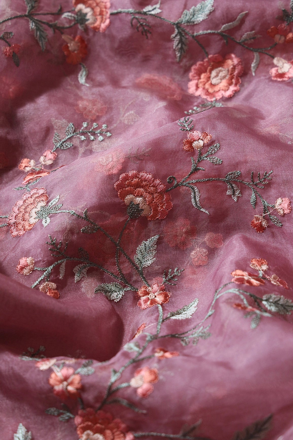 Brown And Light Green Thread Floral Embroidery Work On Onion Pink Organza Fabric - doeraa