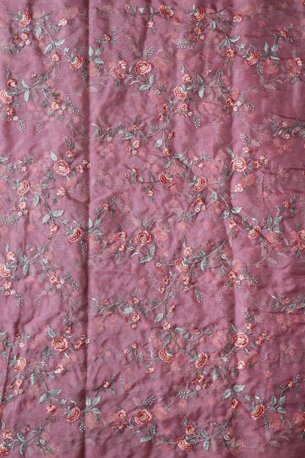 Brown And Light Green Thread Floral Embroidery Work On Onion Pink Organza Fabric - doeraa