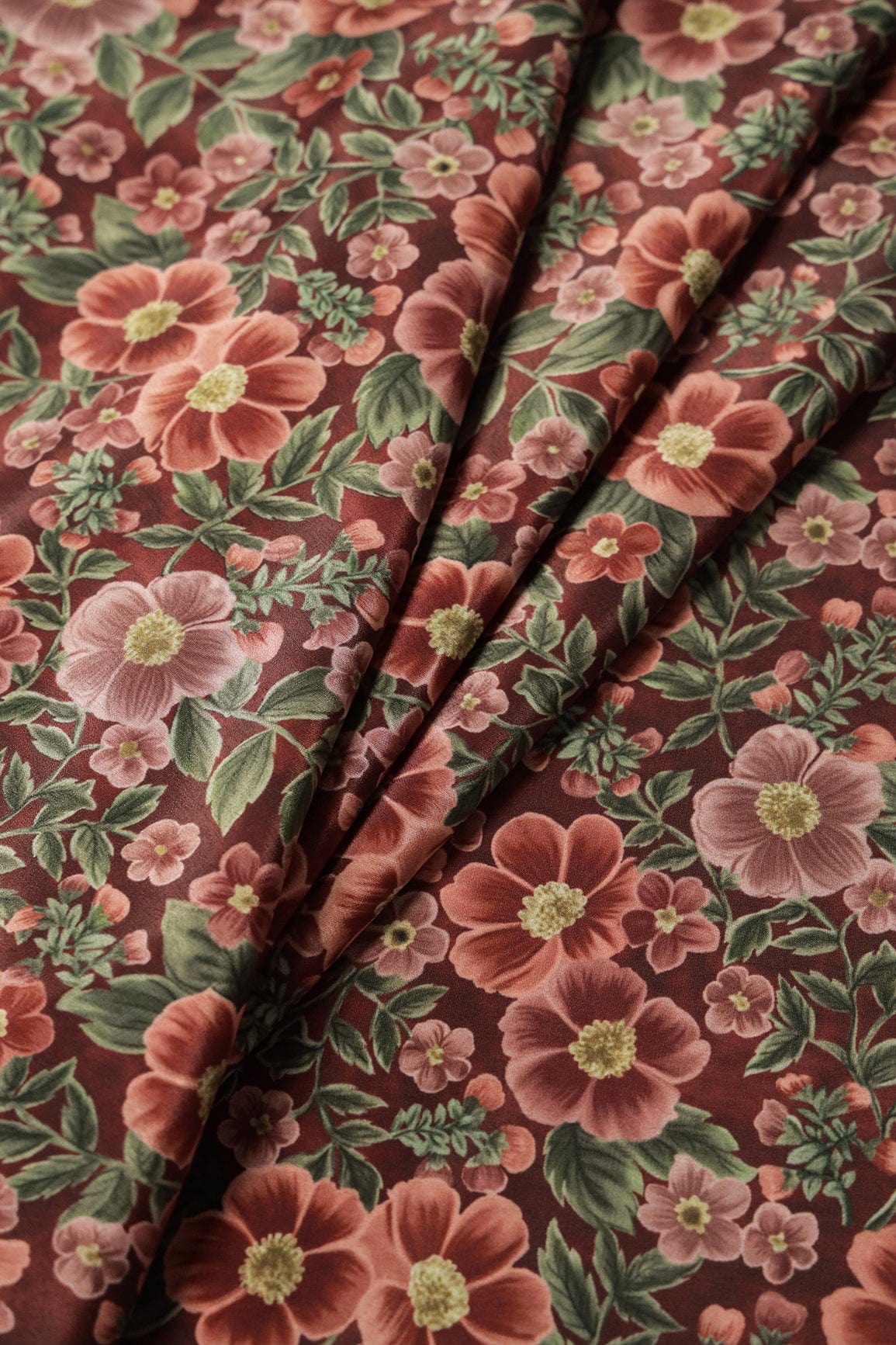 Brown And Olive Floral Digital Print On Dark Brown Crepe Fabric - doeraa