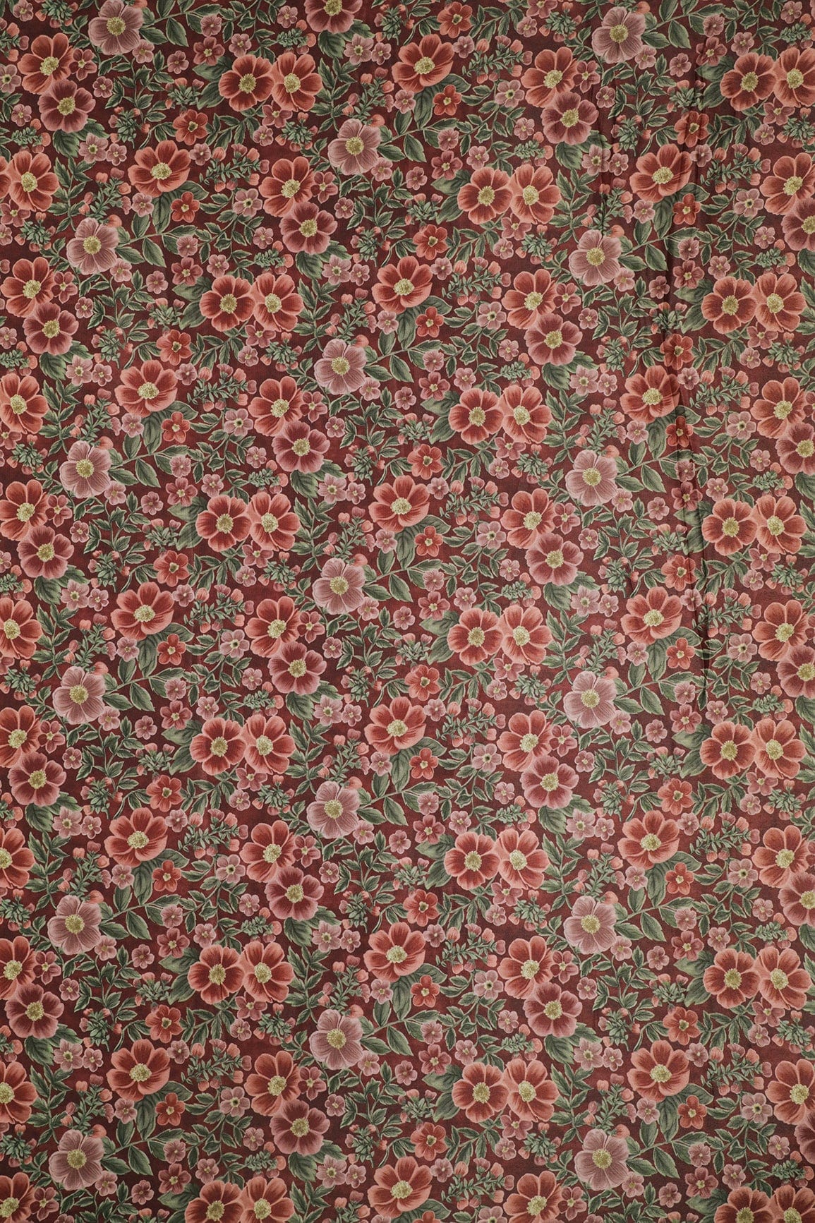 Brown And Olive Floral Digital Print On Dark Brown Crepe Fabric - doeraa