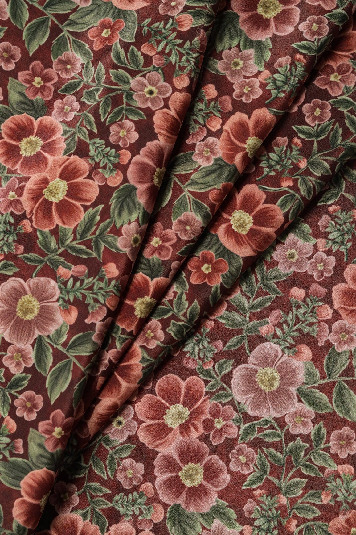 Brown And Olive Floral Digital Print On Dark Brown Crepe Fabric - doeraa