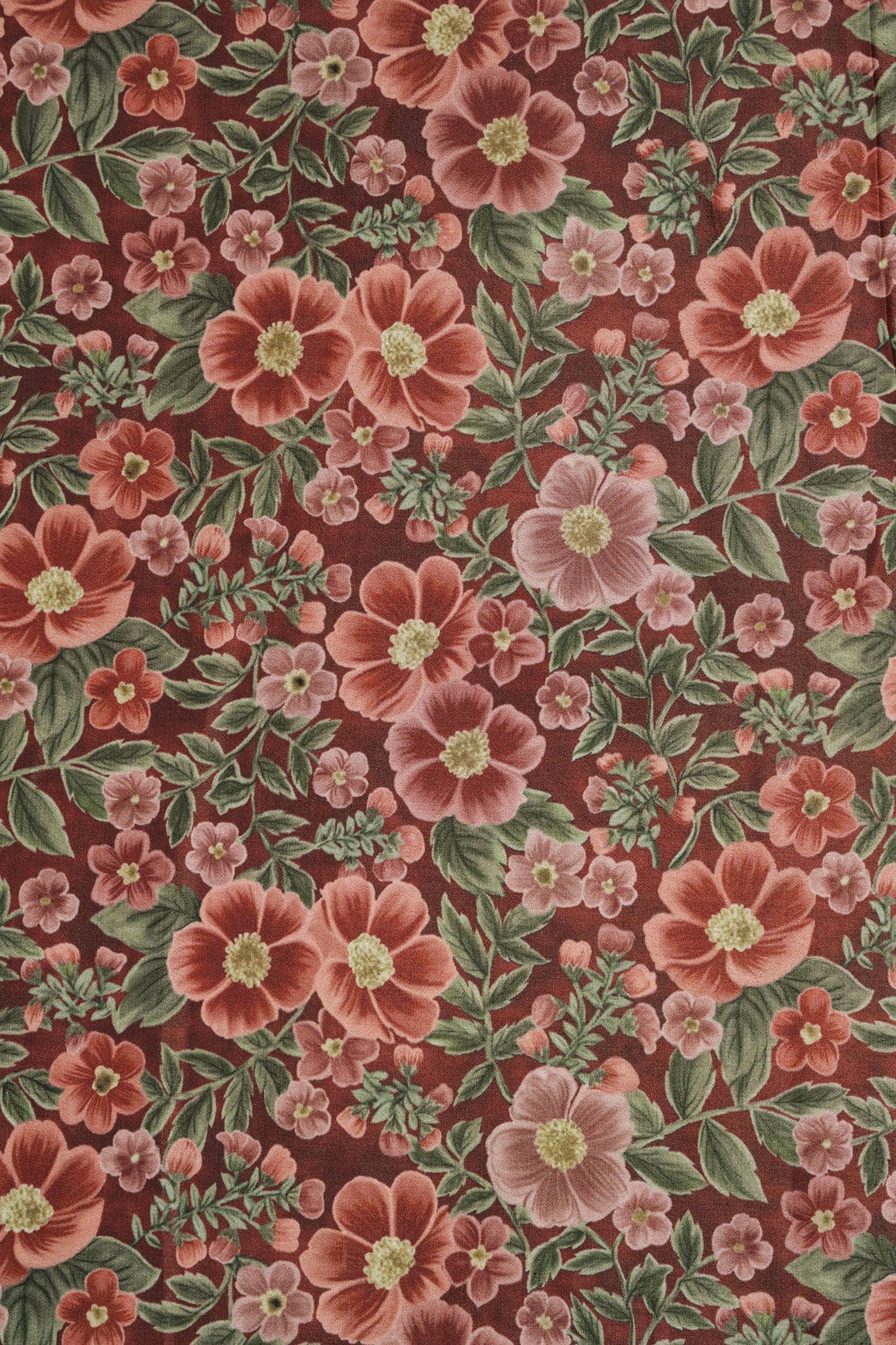 Brown And Olive Floral Digital Print On Dark Brown Crepe Fabric - doeraa