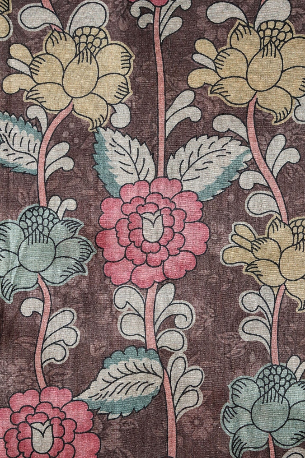 Brown And Pink Floral Pattern Digital Print On Mulberry Silk Fabric - doeraa