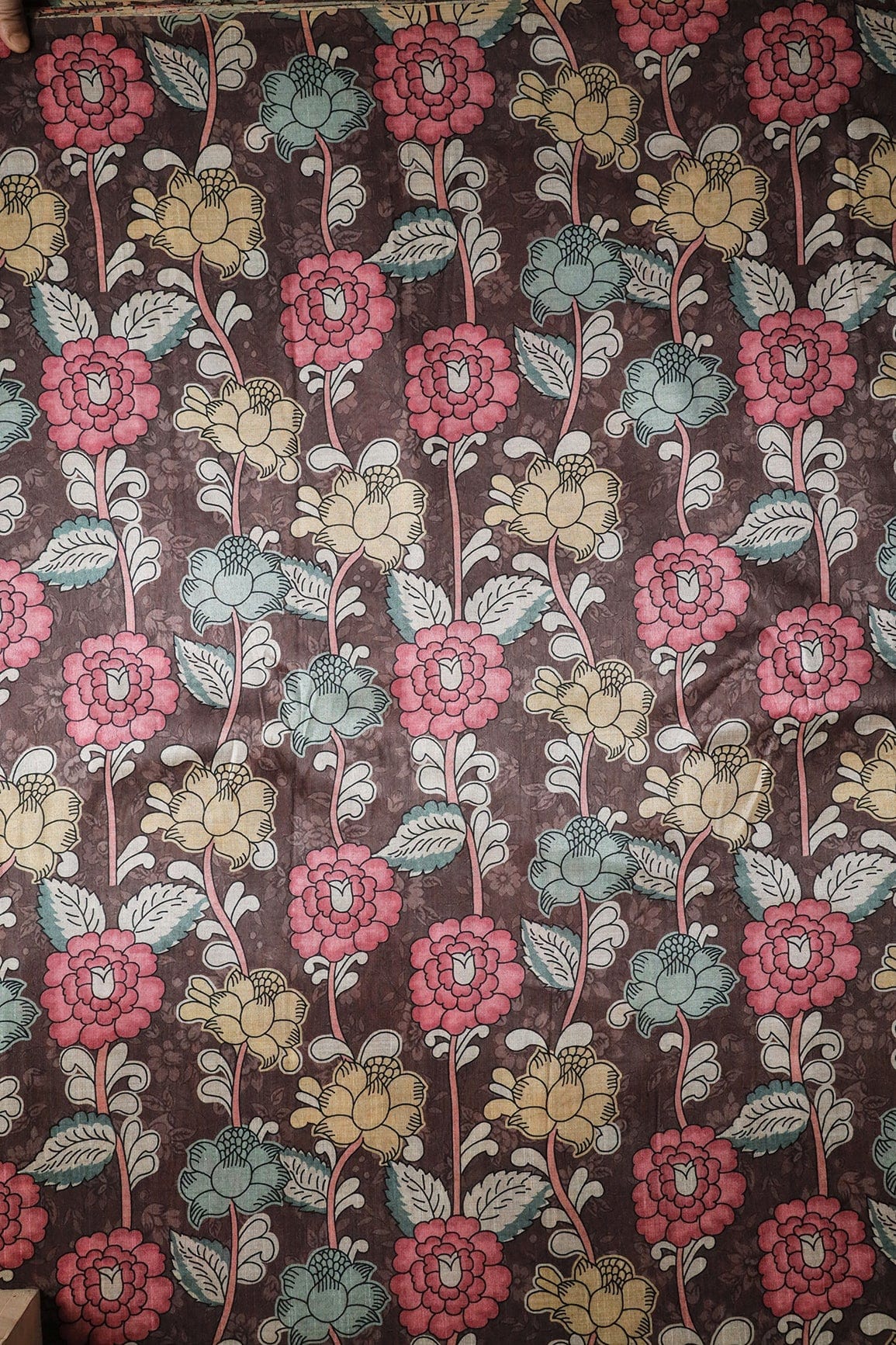 Brown And Pink Floral Pattern Digital Print On Mulberry Silk Fabric - doeraa