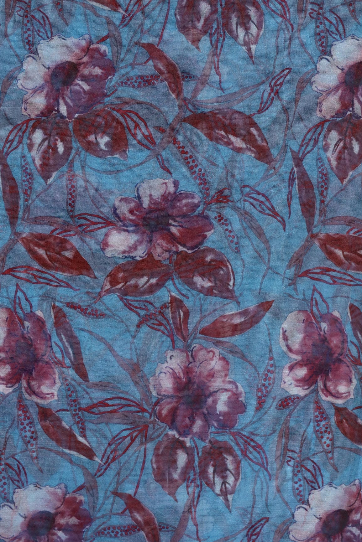 Brown Floral Digital Print On Light Blue Organza Fabric - doeraa