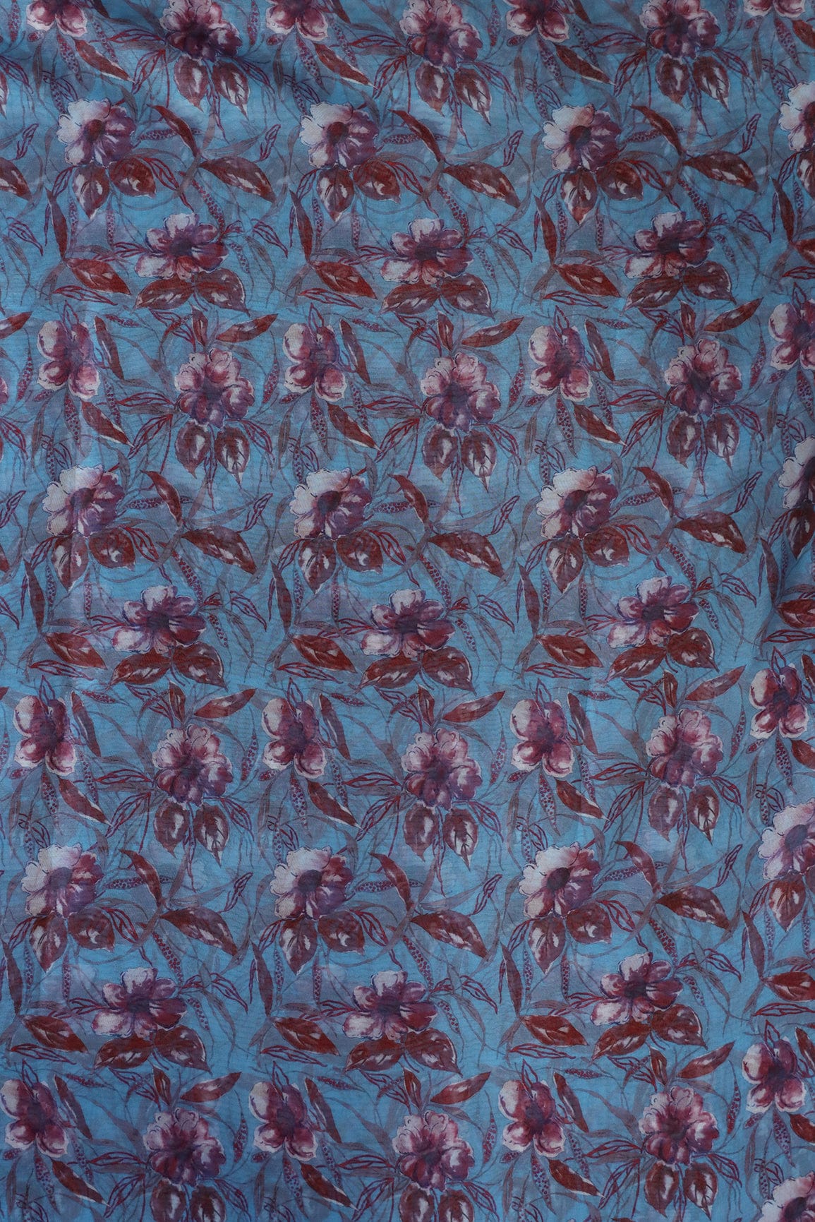 Brown Floral Digital Print On Light Blue Organza Fabric - doeraa