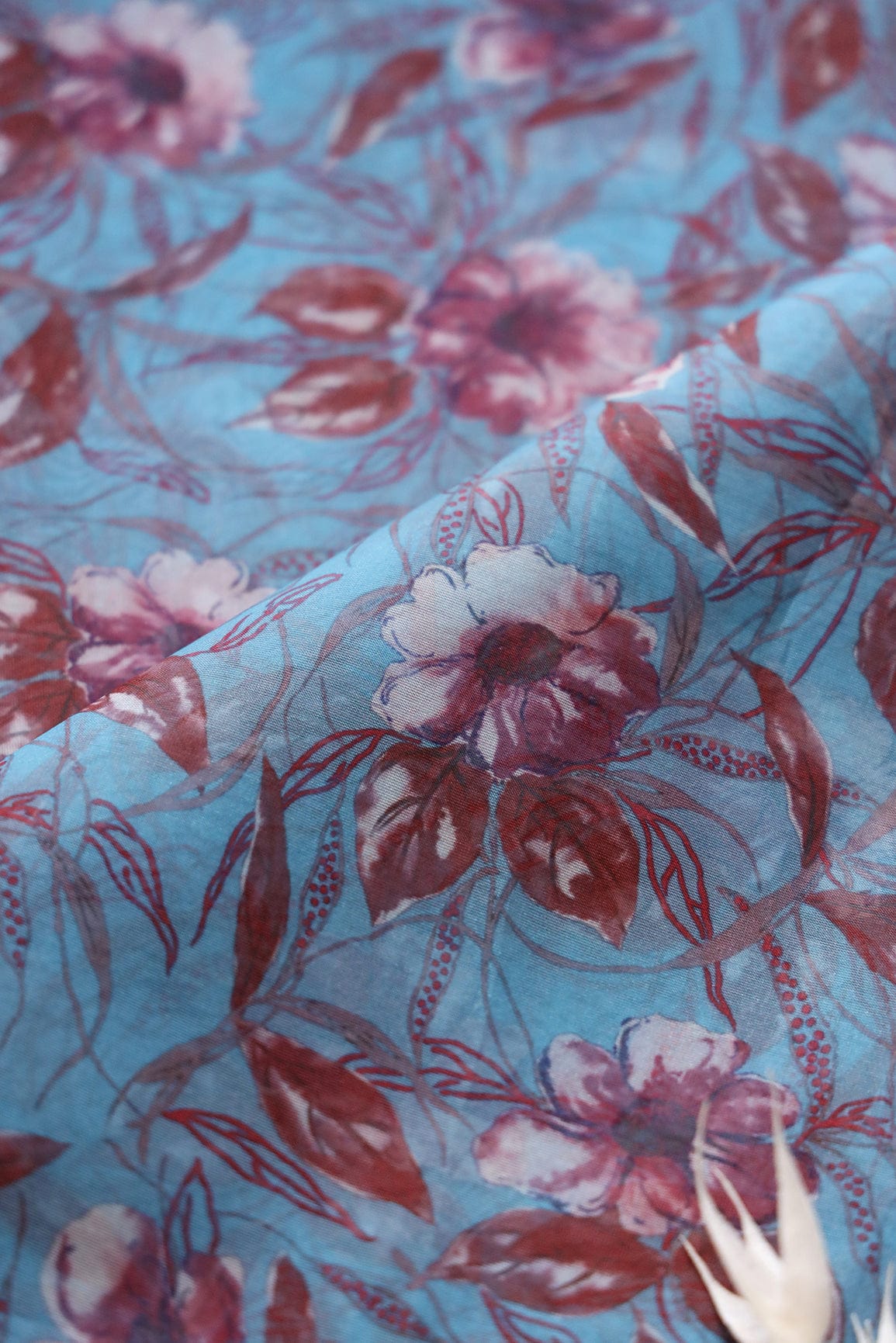 Brown Floral Digital Print On Light Blue Organza Fabric - doeraa
