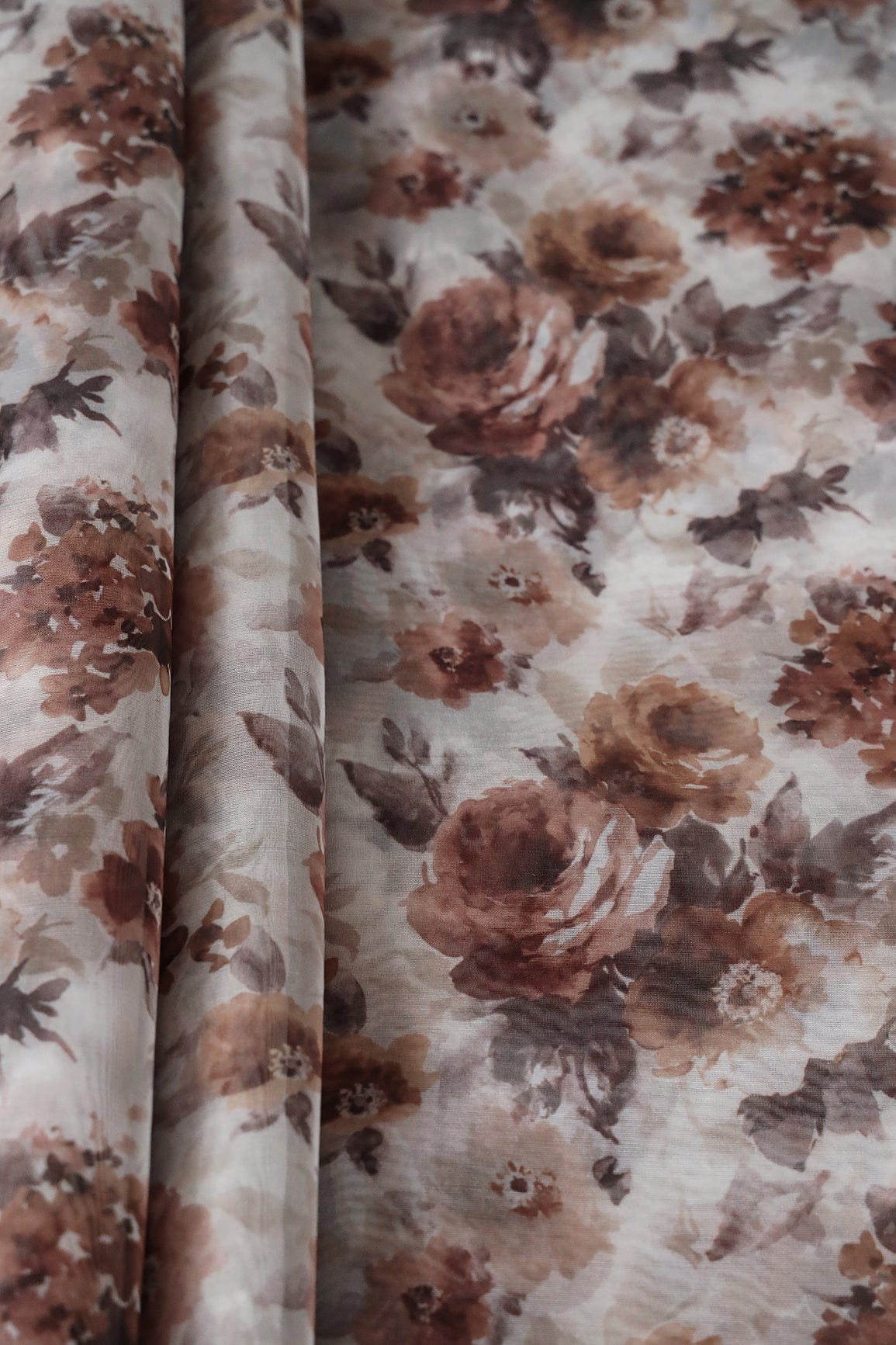 Brown Floral Digital Print On White Organza Fabric - doeraa