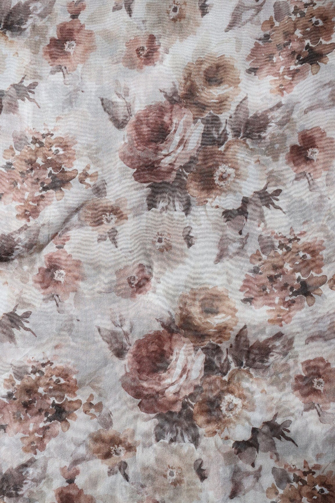 Brown Floral Digital Print On White Organza Fabric - doeraa