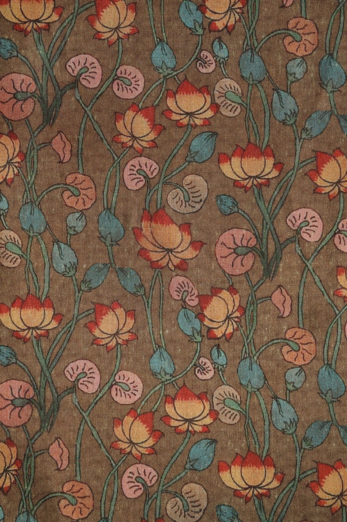 Brown Floral Pattern Digital Print On Mulberry Silk Fabric - doeraa