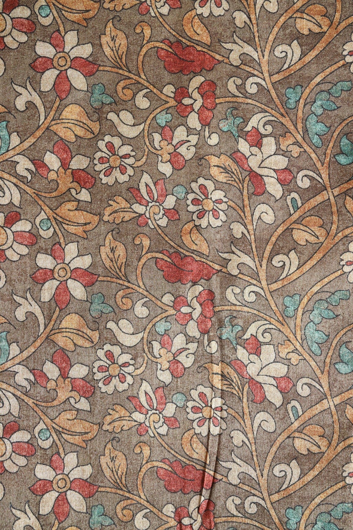 Brown Floral Pattern Digital Print On Mulberry Silk Fabric - doeraa