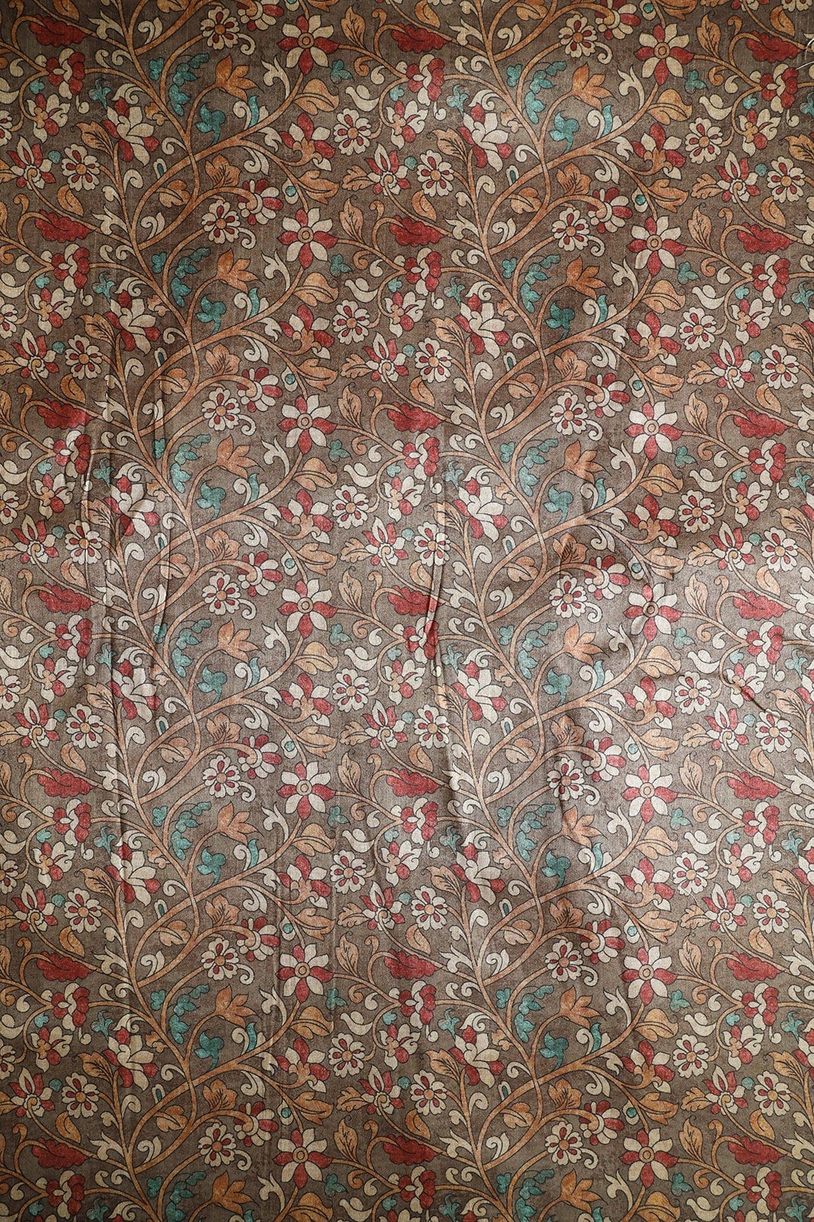 Brown Floral Pattern Digital Print On Mulberry Silk Fabric - doeraa