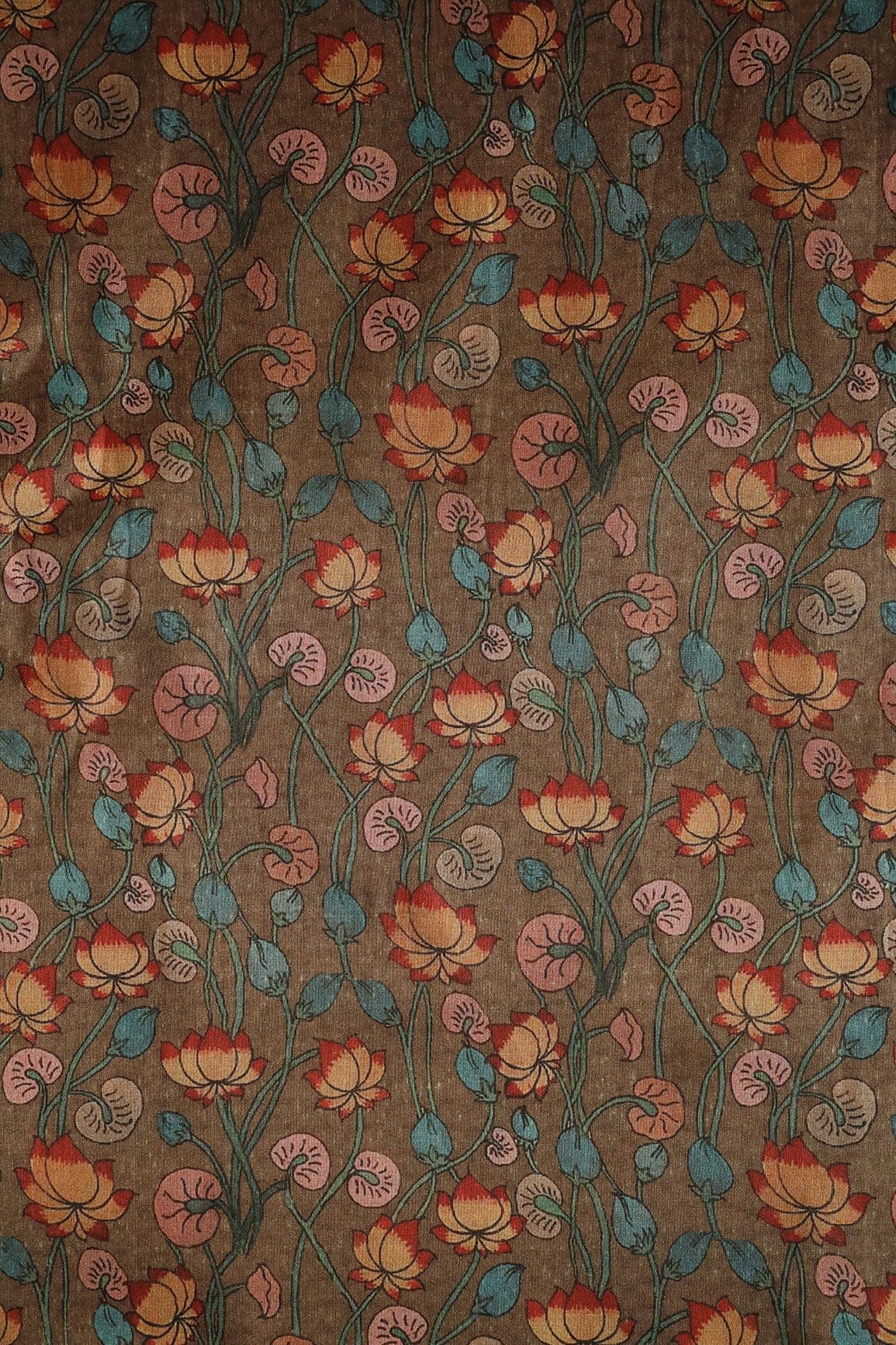 Brown Floral Pattern Digital Print On Mulberry Silk Fabric - doeraa