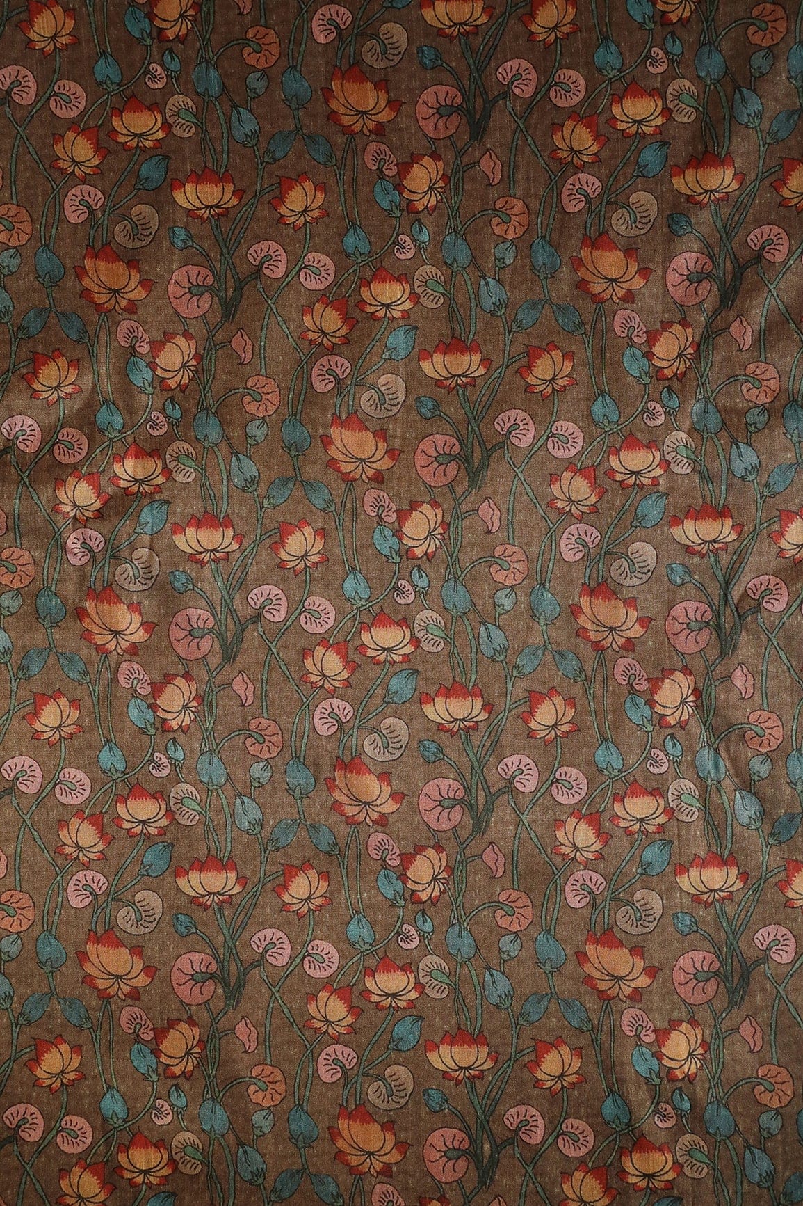 Brown Floral Pattern Digital Print On Mulberry Silk Fabric - doeraa