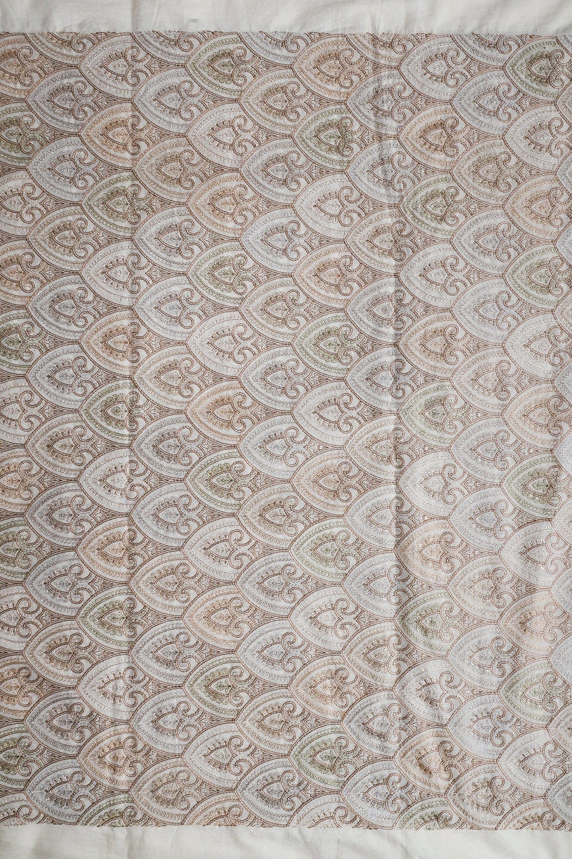 Brown Thread With Zari And Gold Sequins Trellis Embroidery On Off White Organic Cotton Fabric - doeraa