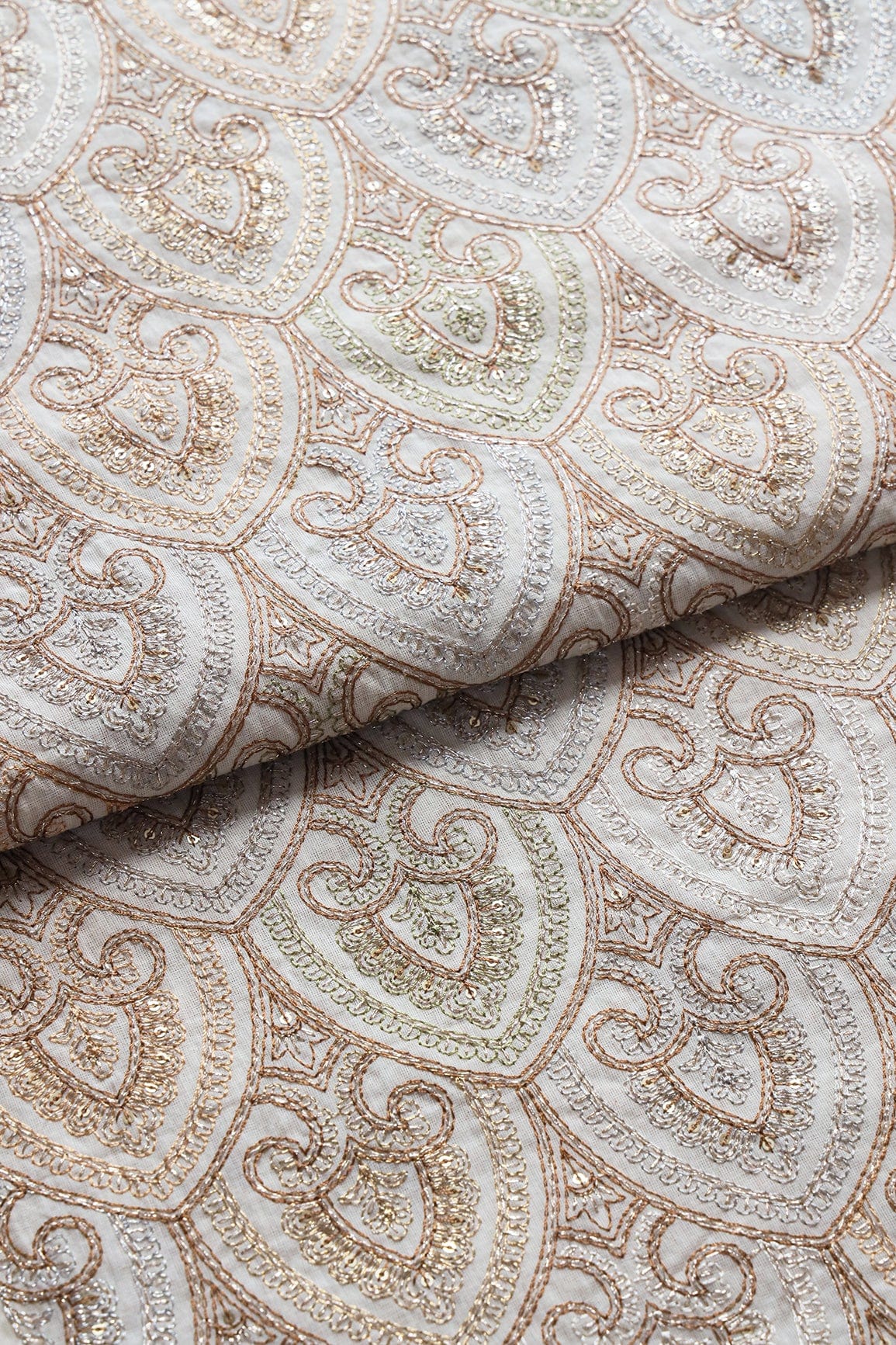 Brown Thread With Zari And Gold Sequins Trellis Embroidery On Off White Organic Cotton Fabric - doeraa