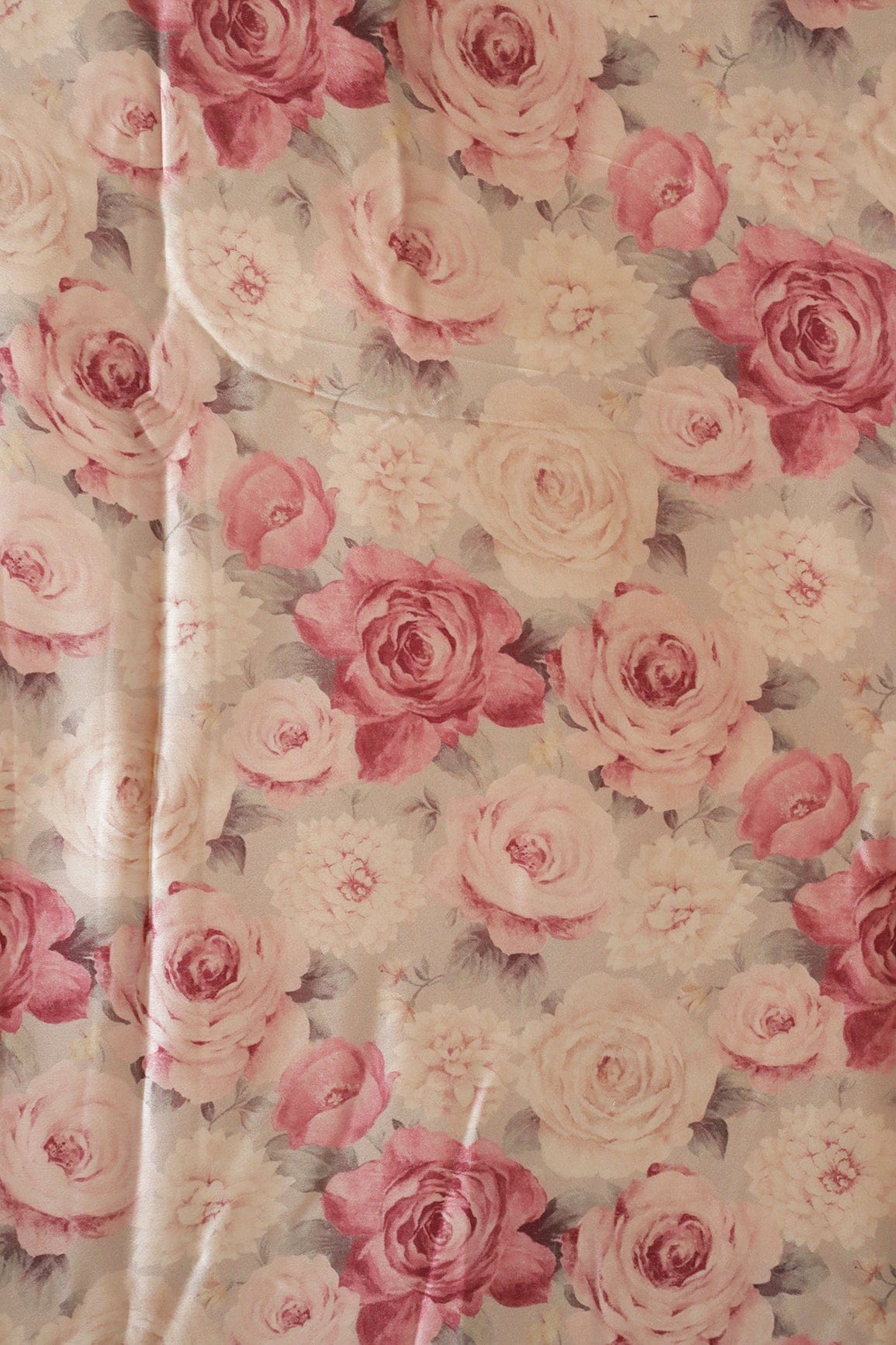 Burgundy Floral Pattern Digital Print On Cream Satin Fabric - doeraa