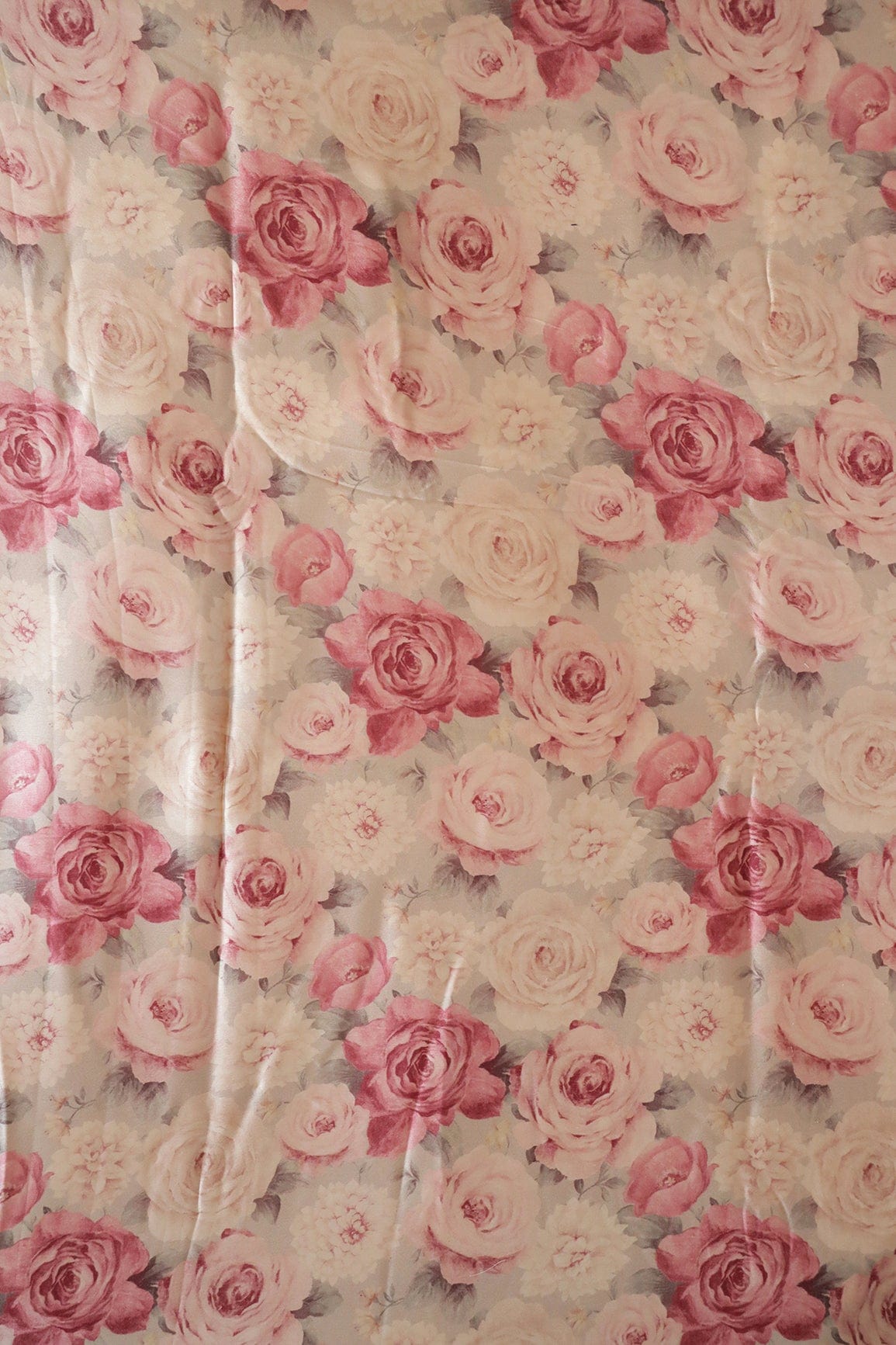 Burgundy Floral Pattern Digital Print On Cream Satin Fabric - doeraa