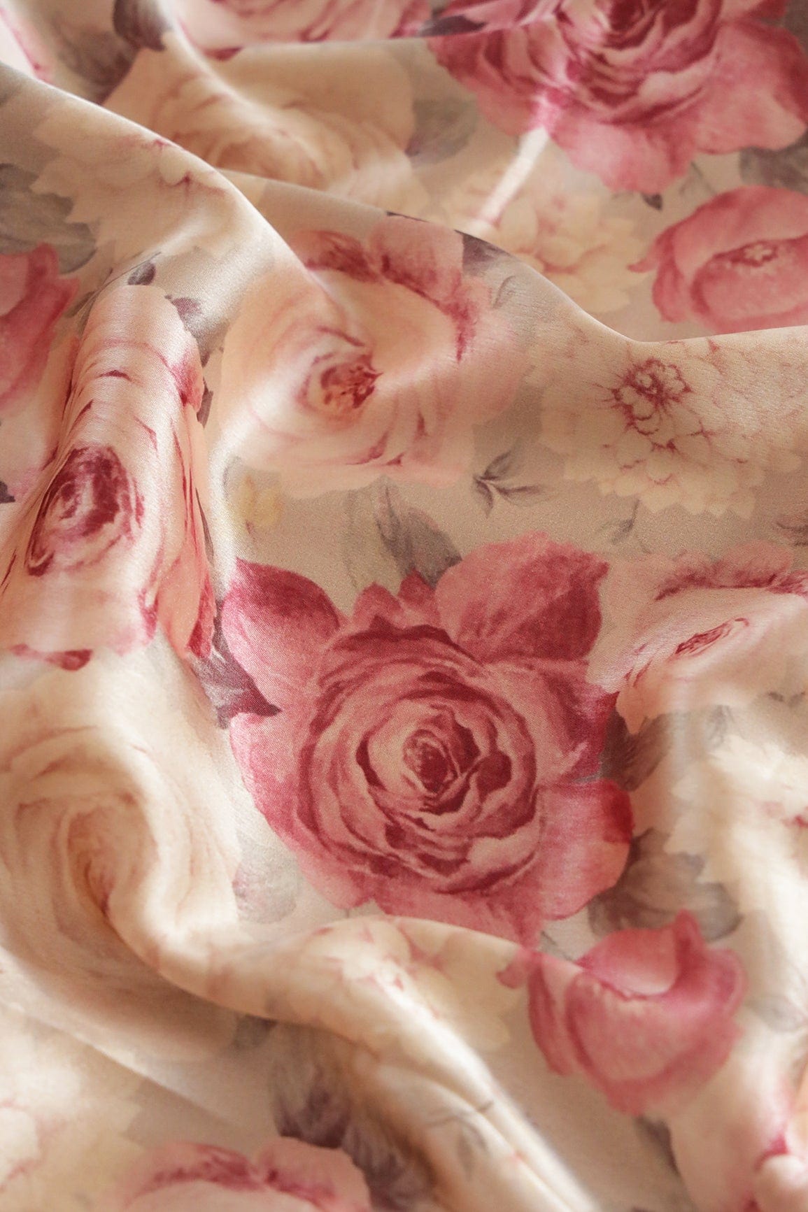 Burgundy Floral Pattern Digital Print On Cream Satin Fabric - doeraa