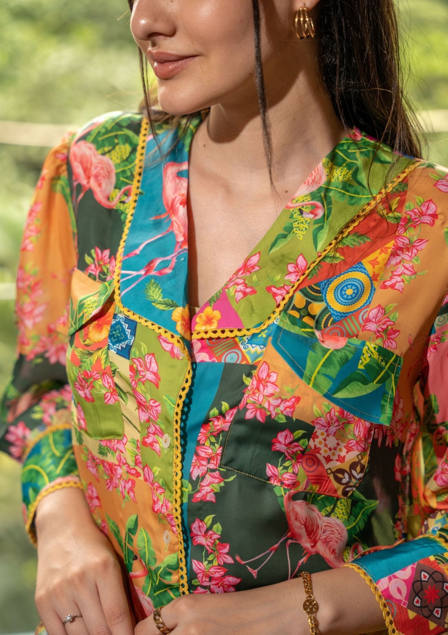 Cara Botanical Patch Print Satin Shirt - doeraa