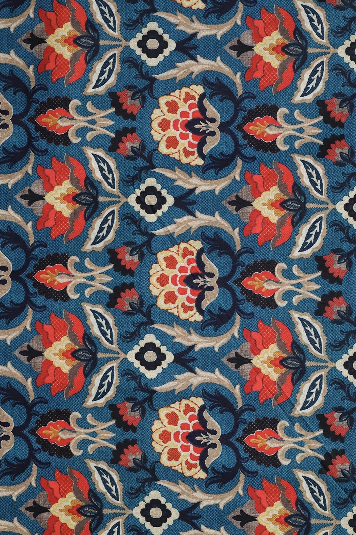 Cerulean Blue Traditional Pattern Digital Print On Mix Polyester Fabric - doeraa