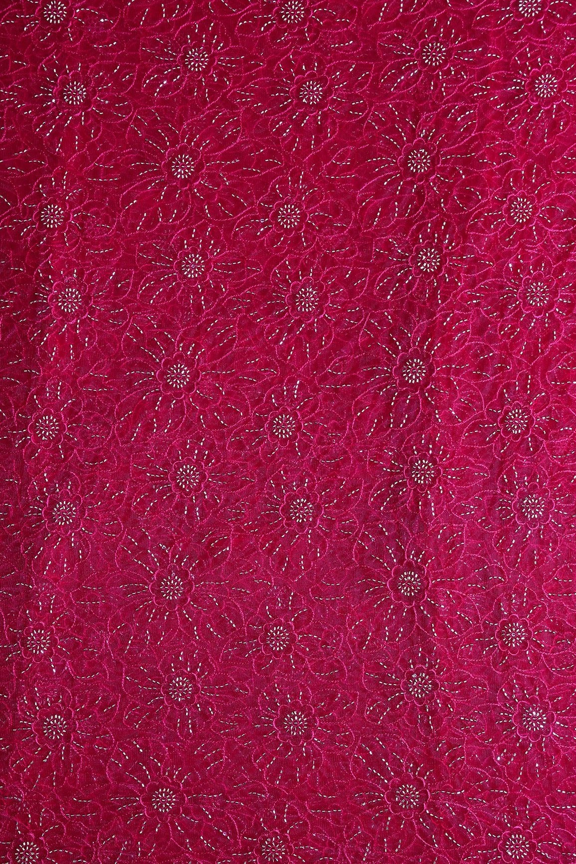 Cherry Red Thread With Beads Floral Embroidery Work On Cherry Red Soft Net Fabric - doeraa