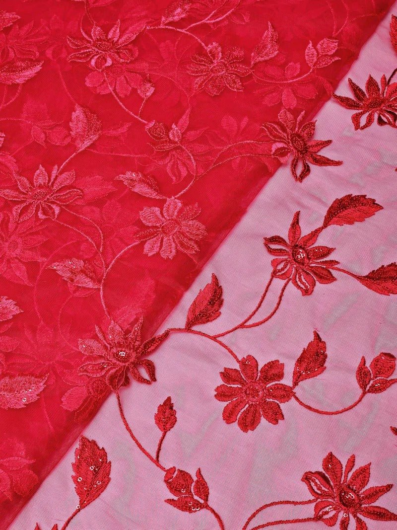 Cherry Red Thread With Water Sequins Floral Embroidery On Cherry Red Soft Net Fabric - doeraa