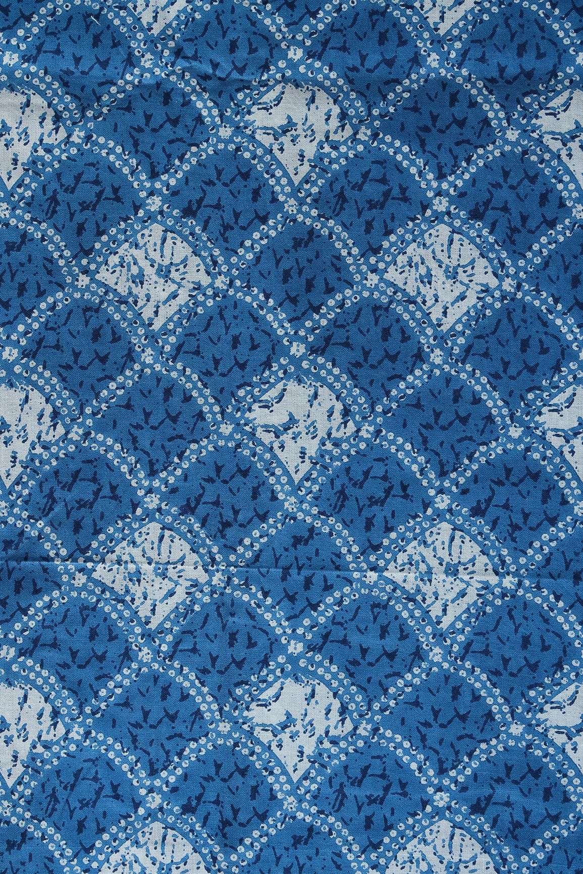 Cobalt Blue And White Trellis Pattern Print On Pure Cotton Fabric - doeraa