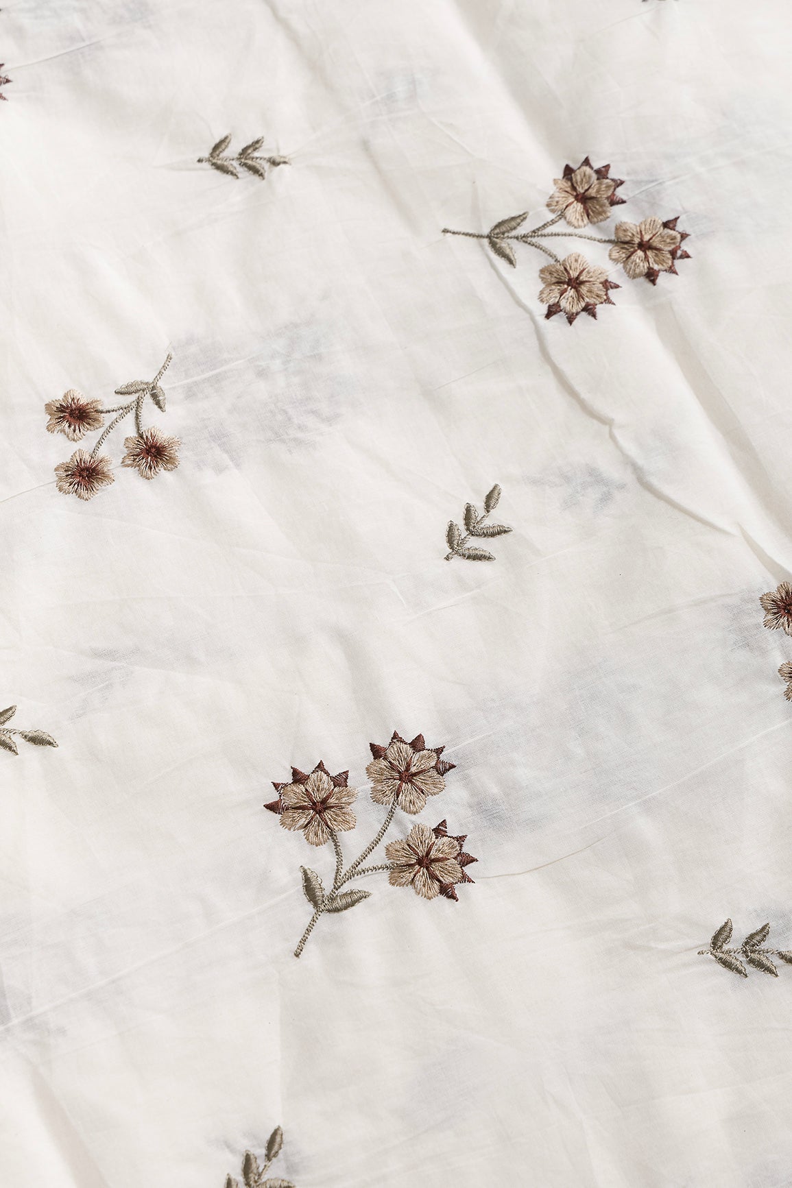 Coffee And Beige Thread Beautiful Floral Embroidery Work On Off White Organic Cotton Fabric - doeraa