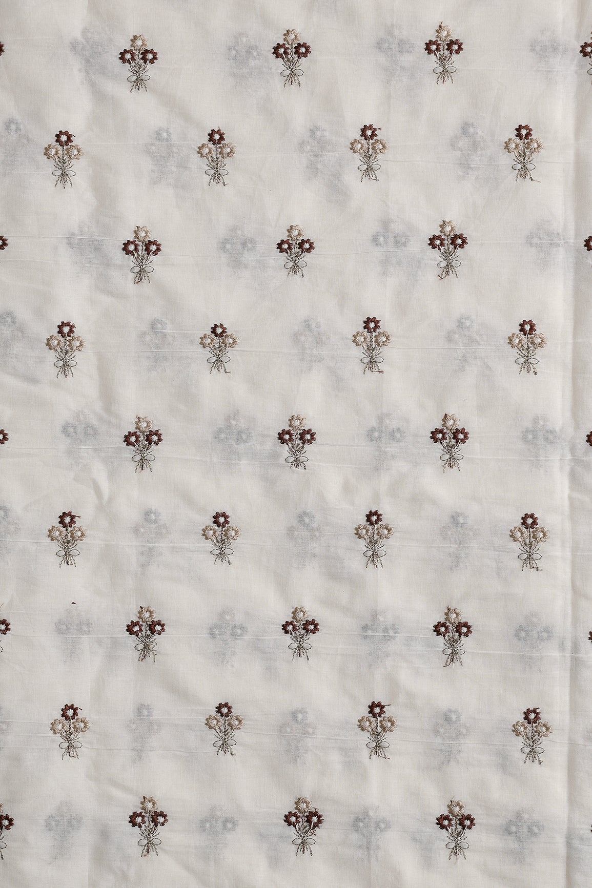 Coffee And Beige Thread Small Floral Embroidery Work On Off White Organic Cotton Fabric - doeraa