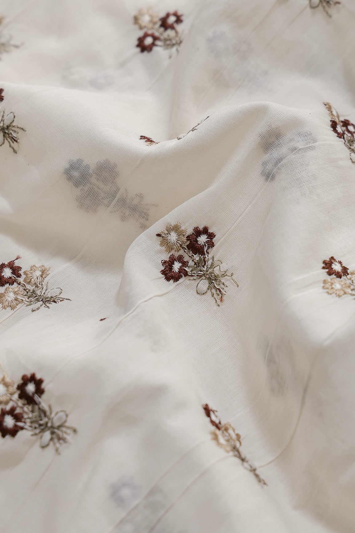 Coffee And Beige Thread Small Floral Embroidery Work On Off White Organic Cotton Fabric - doeraa