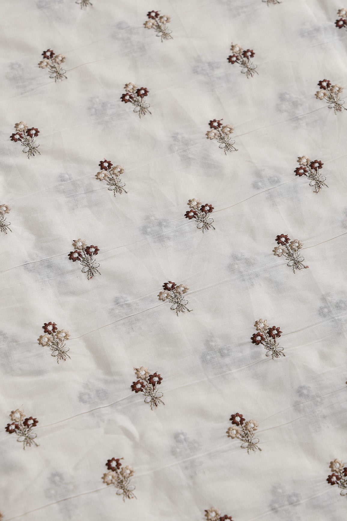Coffee And Beige Thread Small Floral Embroidery Work On Off White Organic Cotton Fabric - doeraa