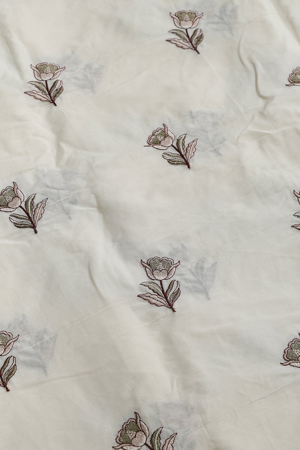 Coffee And Olive Thread Beautiful Floral Embroidery Work On Off White Organic Cotton Fabric - doeraa