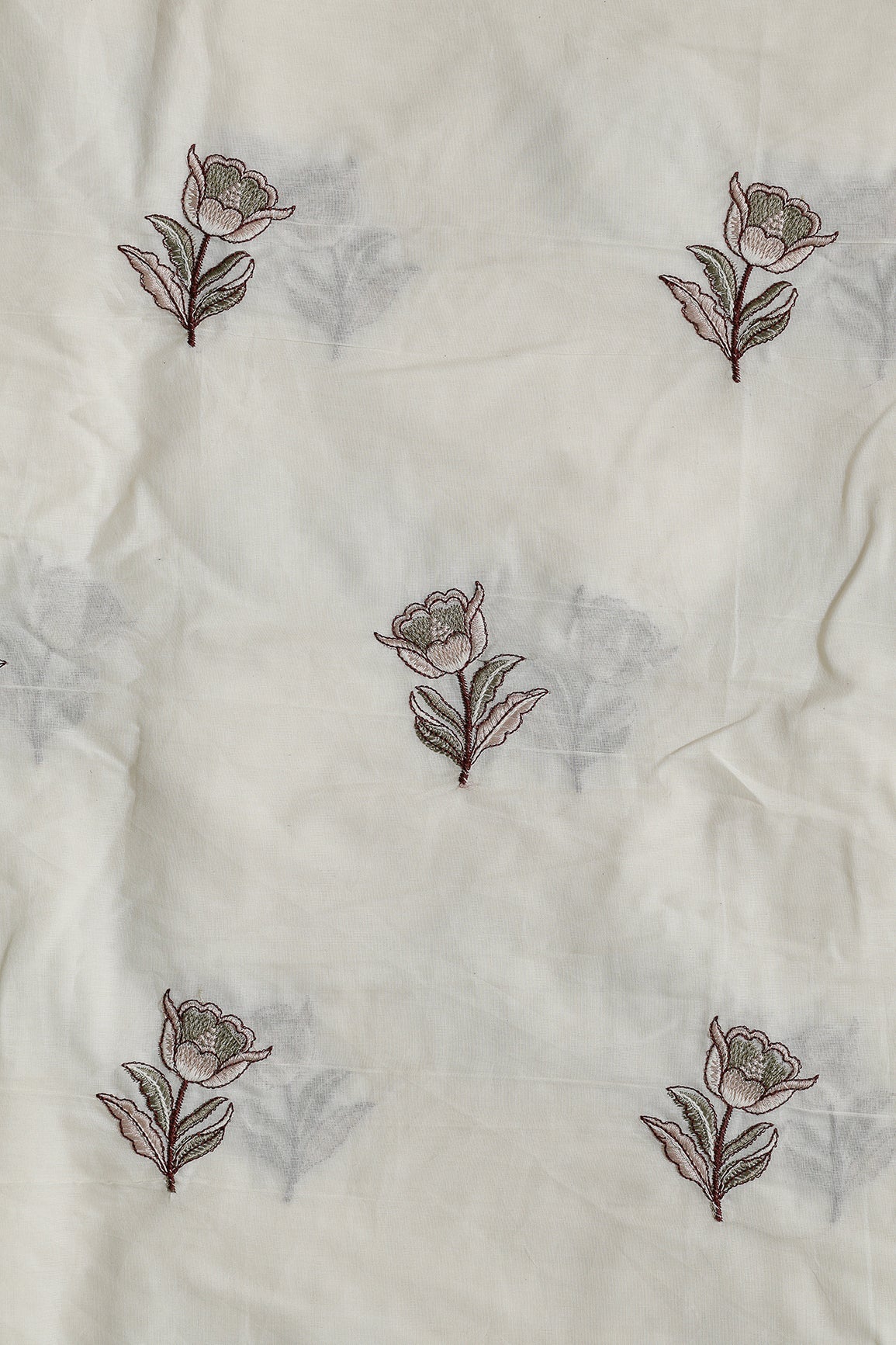 Coffee And Olive Thread Beautiful Floral Embroidery Work On Off White Organic Cotton Fabric - doeraa
