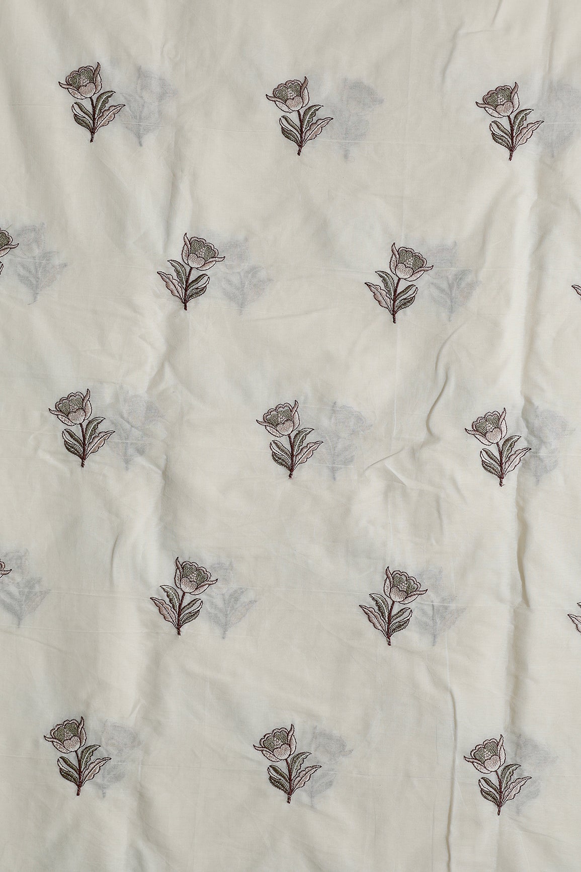 Coffee And Olive Thread Beautiful Floral Embroidery Work On Off White Organic Cotton Fabric - doeraa