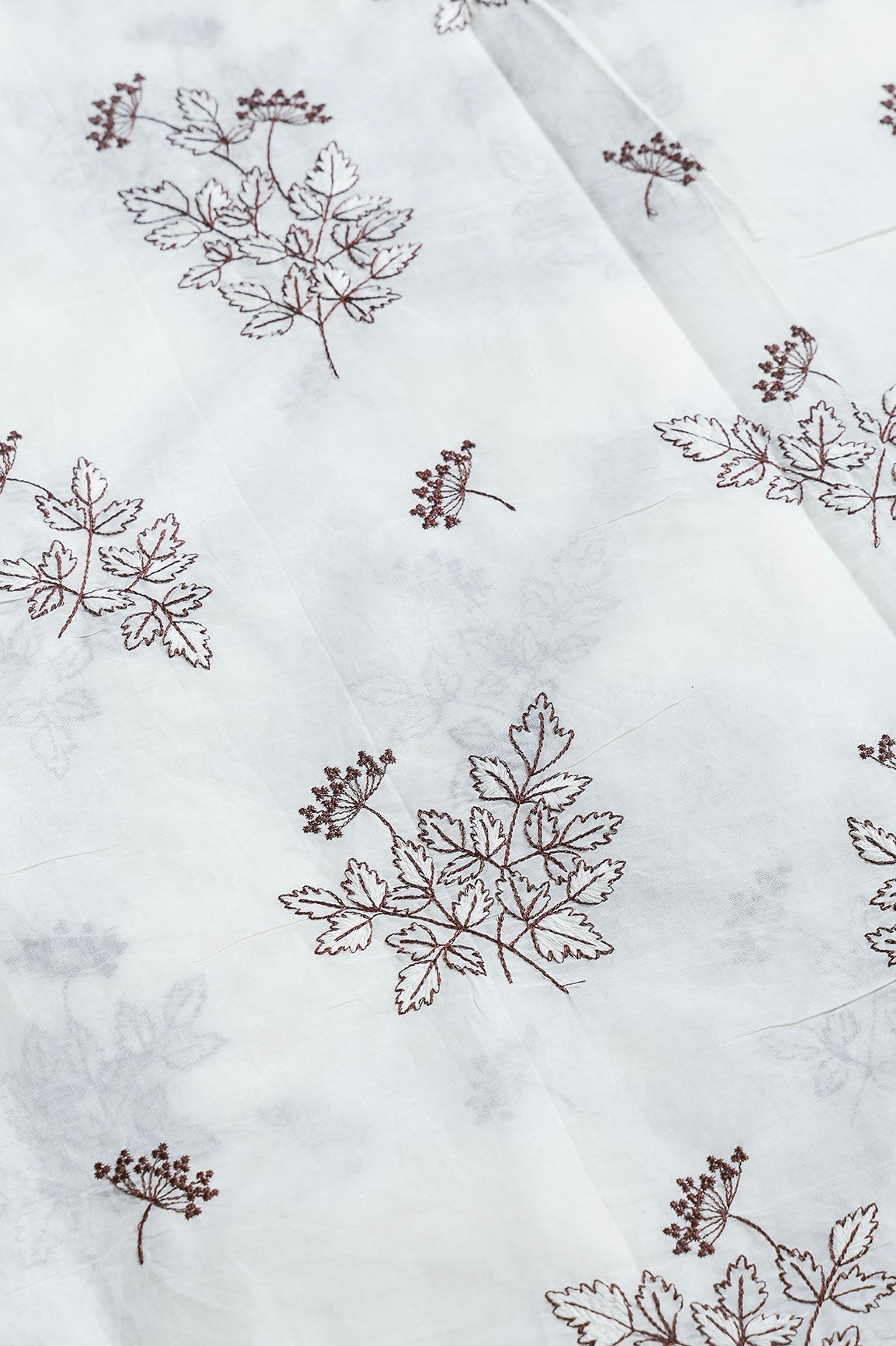 Coffee Thread Beautiful Leafy Embroidery Work On Off White Organic Cotton Fabric - doeraa