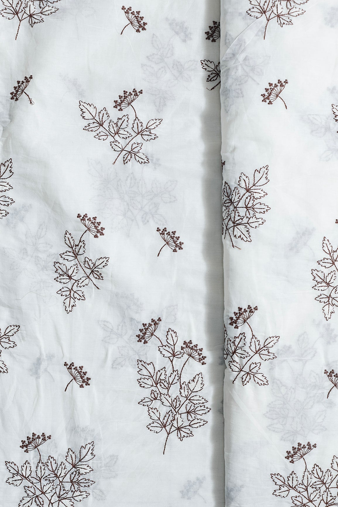 Coffee Thread Beautiful Leafy Embroidery Work On Off White Organic Cotton Fabric - doeraa