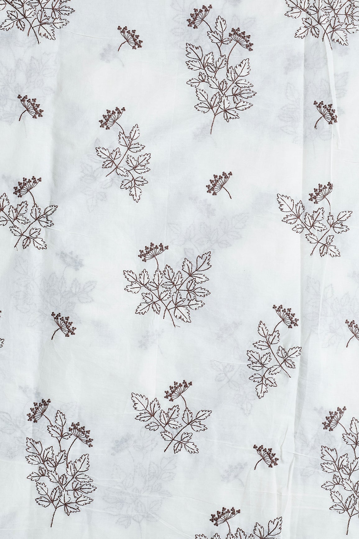 Coffee Thread Beautiful Leafy Embroidery Work On Off White Organic Cotton Fabric - doeraa