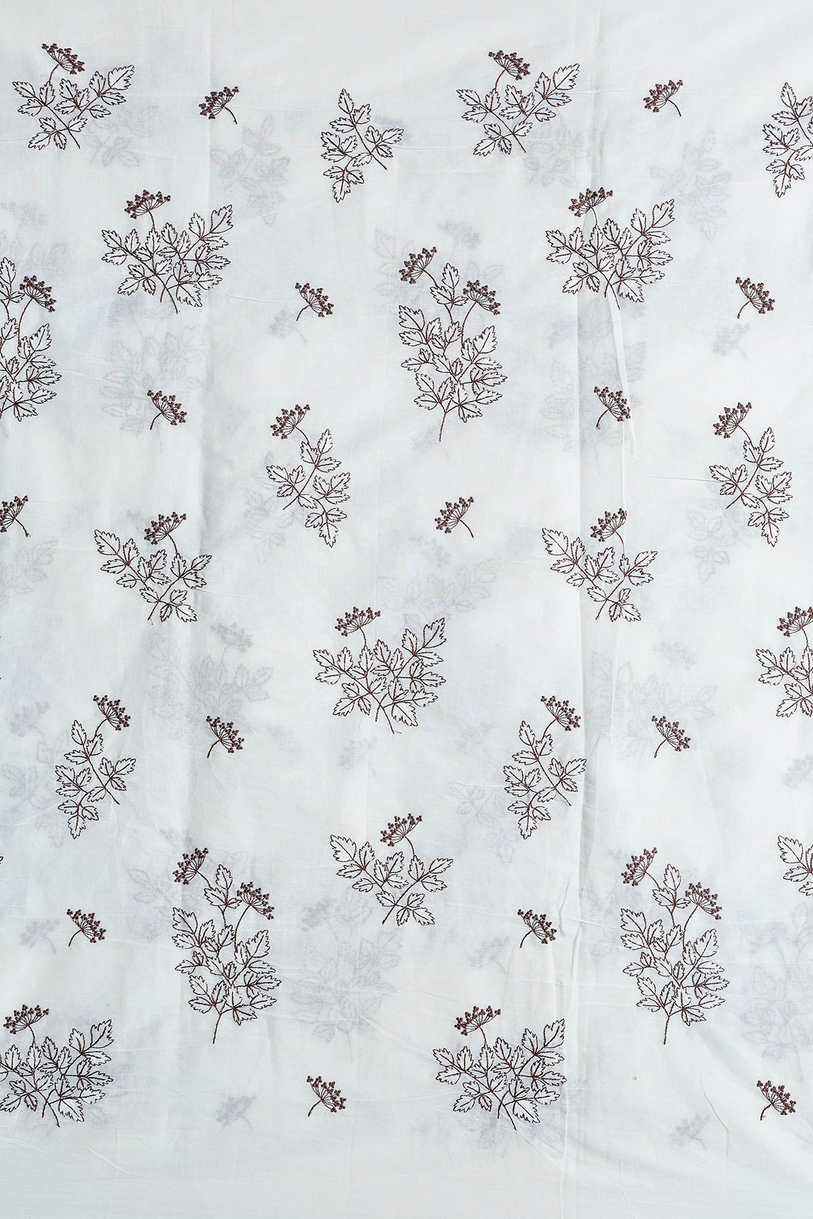 Coffee Thread Beautiful Leafy Embroidery Work On Off White Organic Cotton Fabric - doeraa