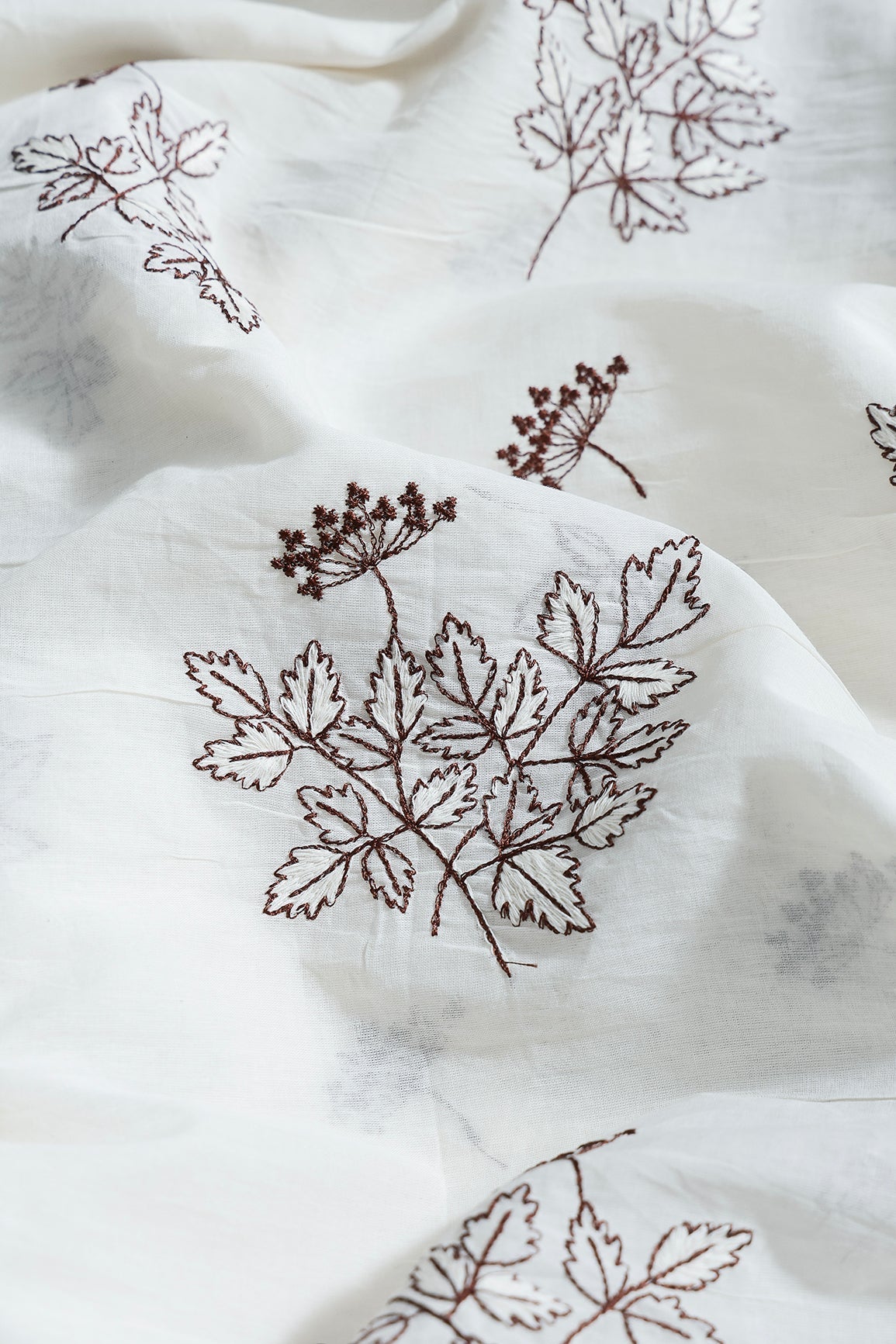 Coffee Thread Beautiful Leafy Embroidery Work On Off White Organic Cotton Fabric - doeraa