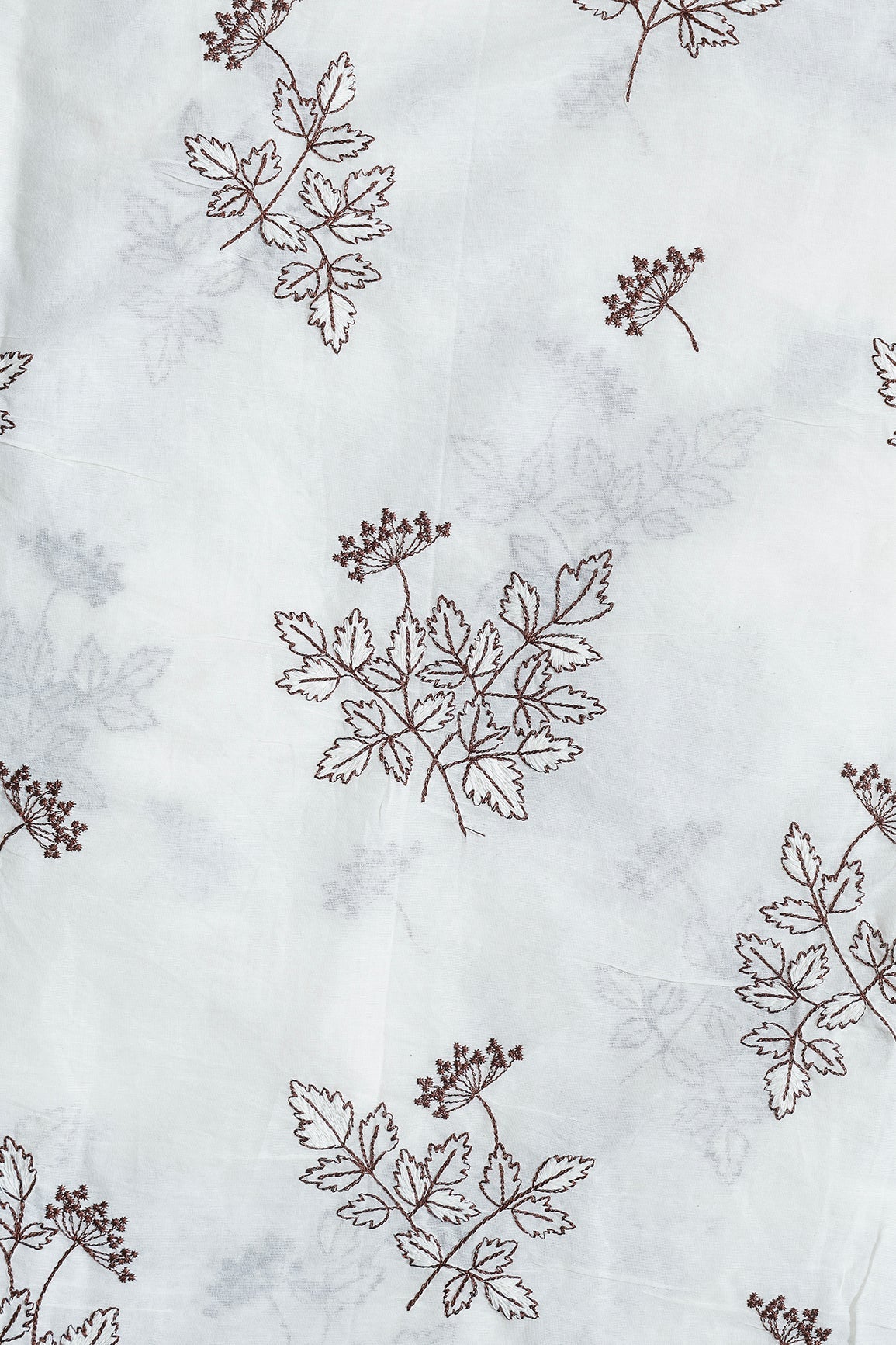 Coffee Thread Beautiful Leafy Embroidery Work On Off White Organic Cotton Fabric - doeraa